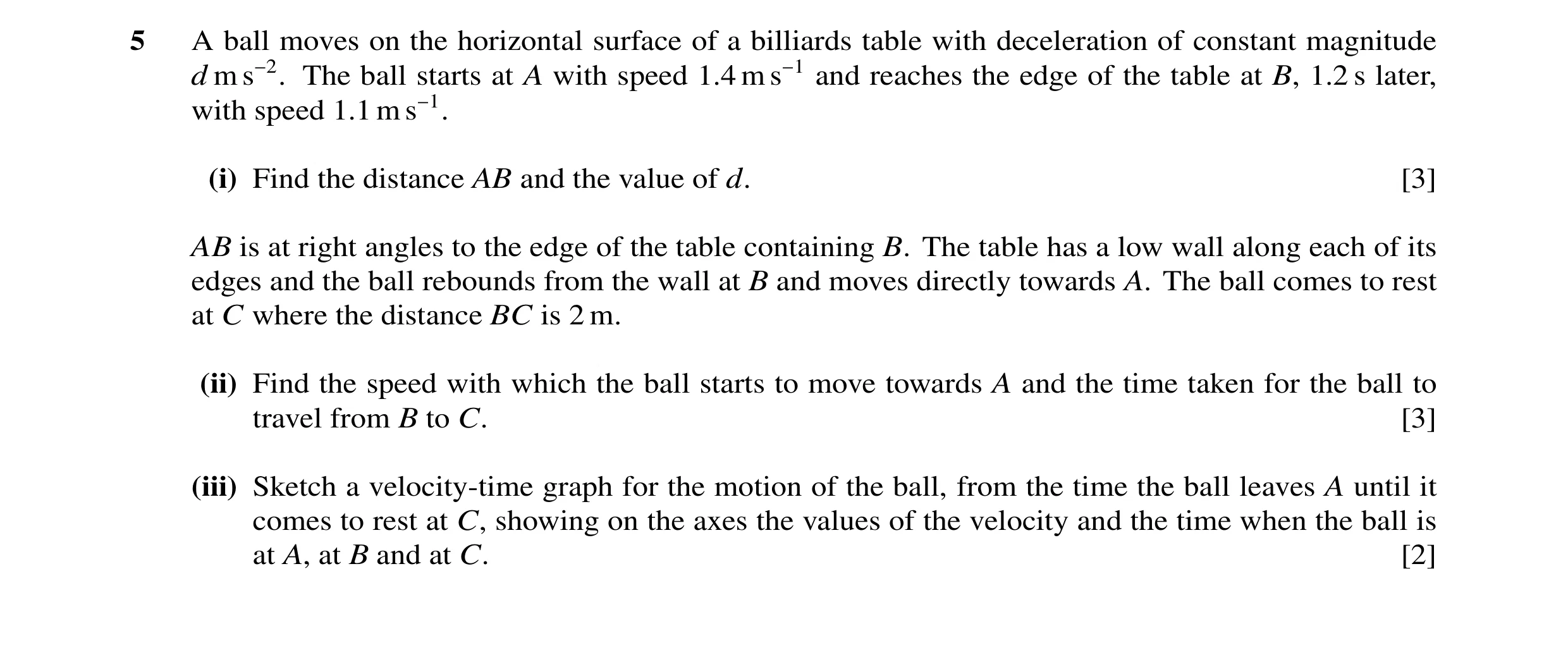 Question 39: A ball moves on the horizontal surface of a billiards table with deceleration of constant magnitude d m s−2. The ball starts at A with spee…