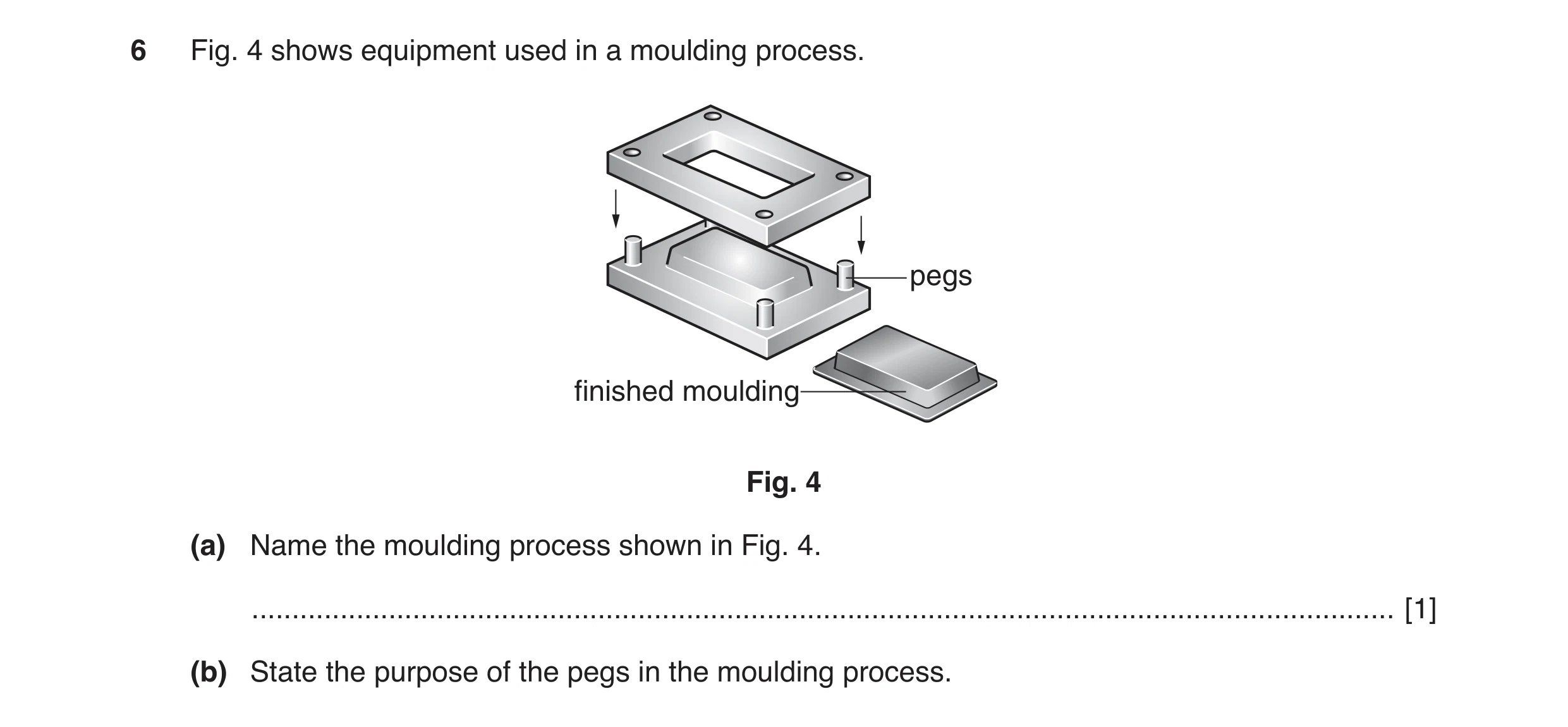 Question 31: Fig. 4 shows equipment used in a moulding process. pegs finished moulding Fig. 4 (a) Name the moulding process shown in Fig. 4. ...........…