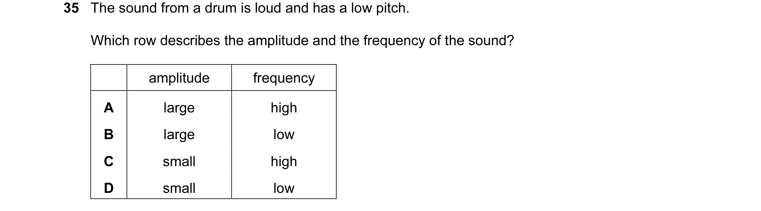 Question 27: The sound from a drum is loud and has a low pitch. Which row describes the amplitude and the frequency of the sound? amplitude frequency A …