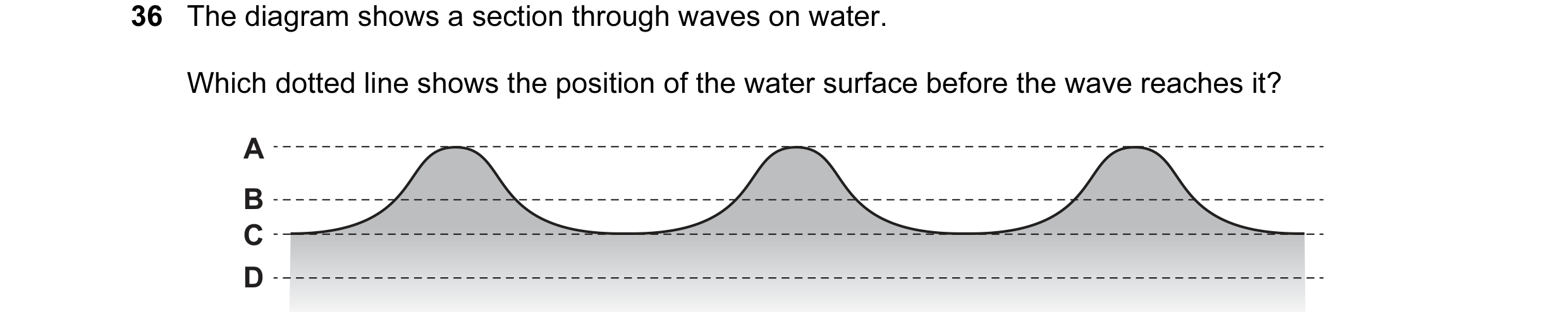 Question 20: The diagram shows a section through waves on water. Which dotted line shows the position of the water surface before the wave reaches it? A…