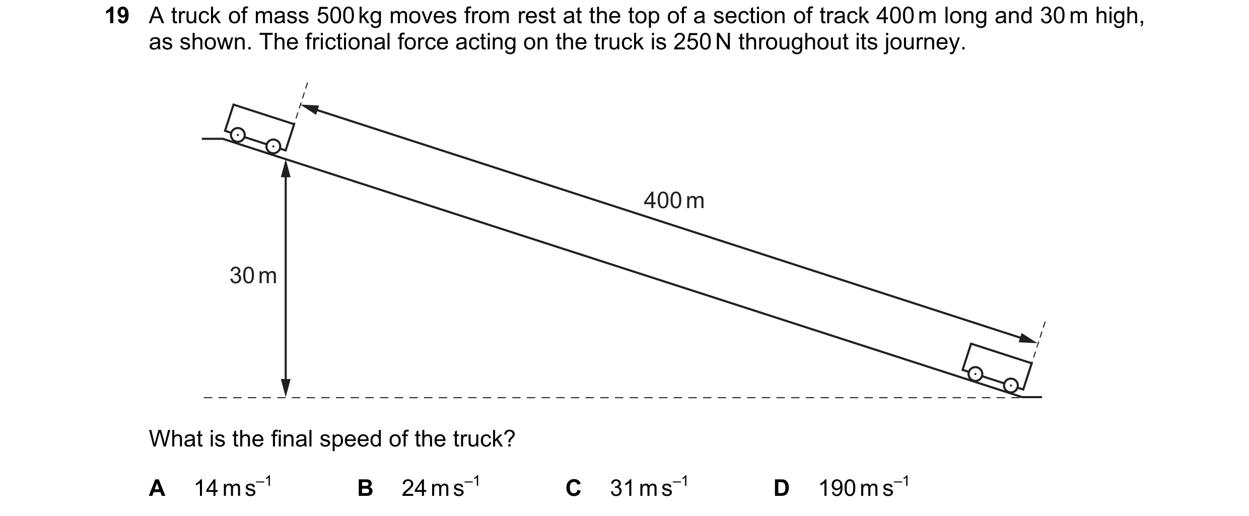 Question 70: A truck of mass 500 kg moves from rest at the top of a section of track 400 m long and 30 m high, as shown. The frictional force acting on …