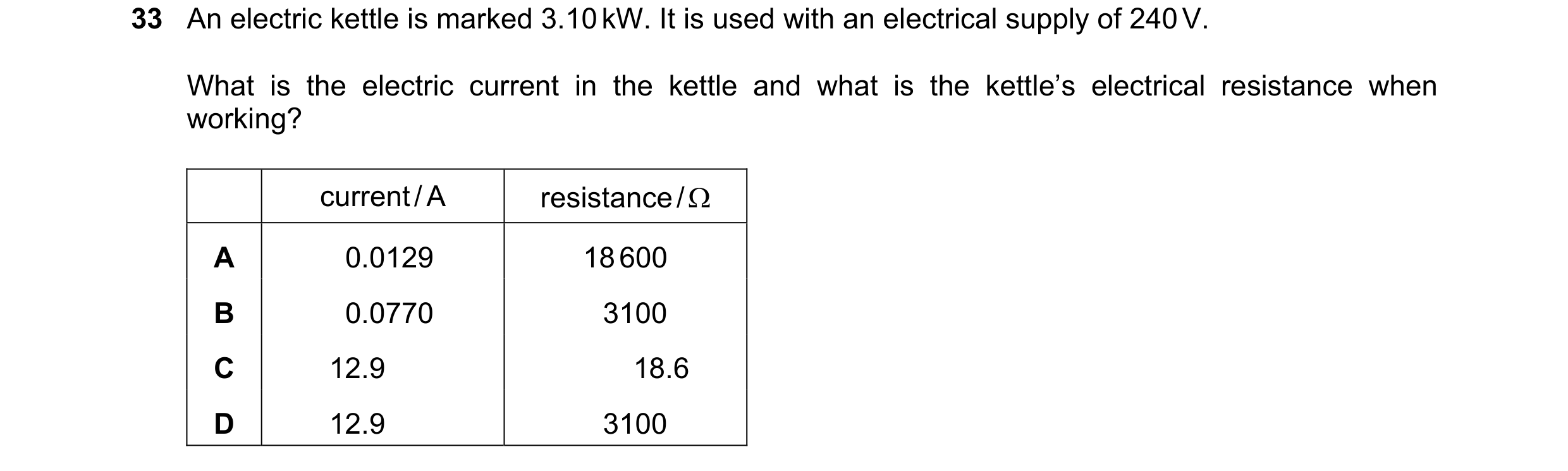 Question 93: An electric kettle is marked 3.10 kW. It is used with an electrical supply of 240 V. What is the electric current in the kettle and what is…