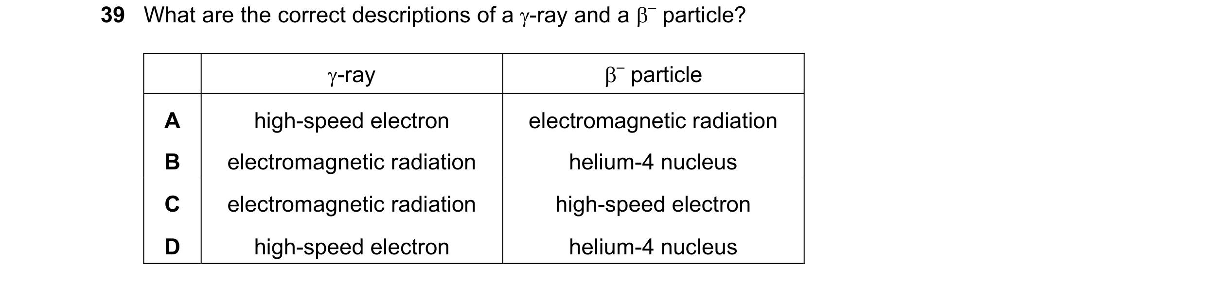 Question 82: What are the correct descriptions of a γ-ray and a β– particle? γ-ray β– particle A high-speed electron electromagnetic radiation B electro…