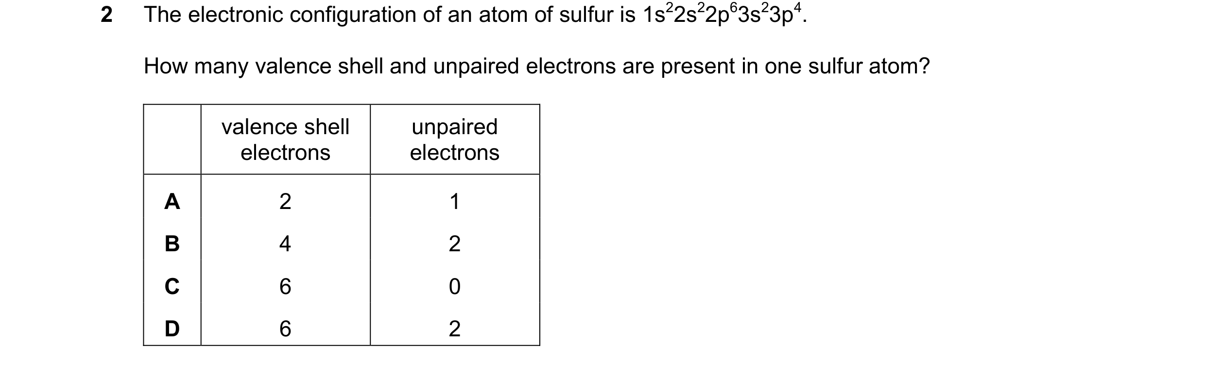 Question 39: The electronic configuration of an atom of sulfur is 1s22s22p63s23p4. How many valence shell and unpaired electrons are present in one sulf…