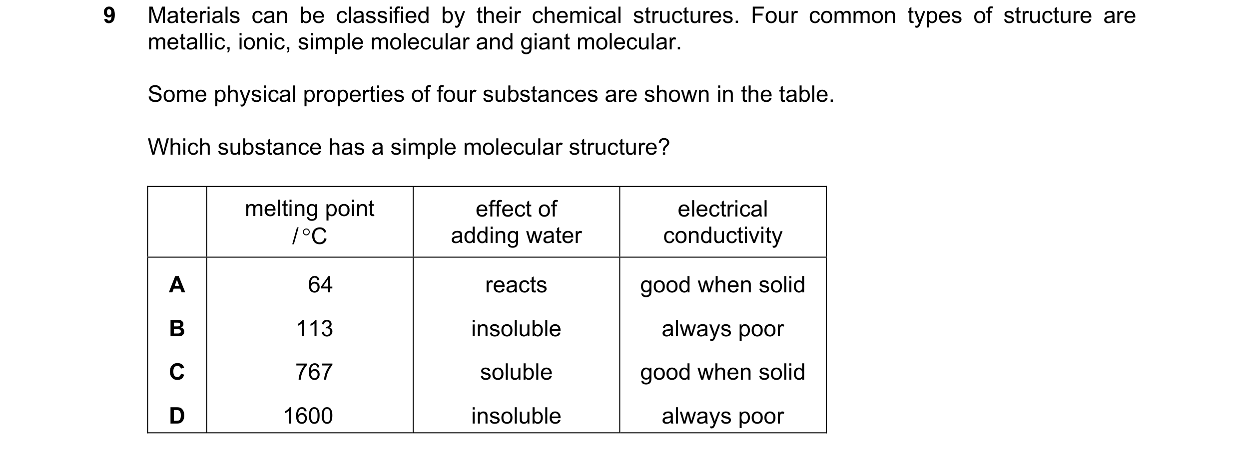 Question 54: Materials can be classified by their chemical structures. Four common types of structure are metallic, ionic, simple molecular and giant mo…