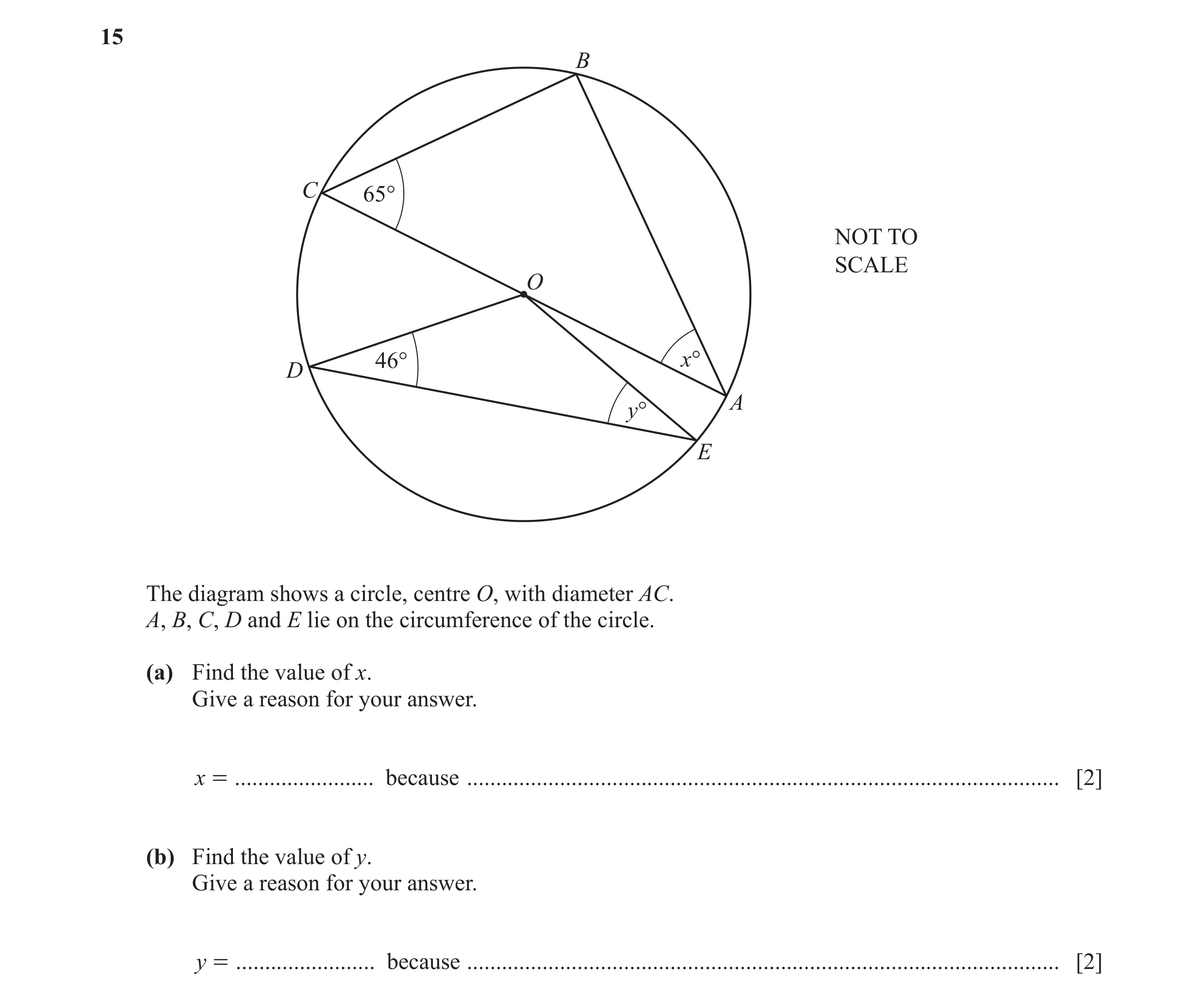 Question 18: B C 65° NOT TO SCALE O 46° x° D A y° E The diagram shows a circle, centre O, with diameter AC. A, B, C, D and E lie on the circumference of…