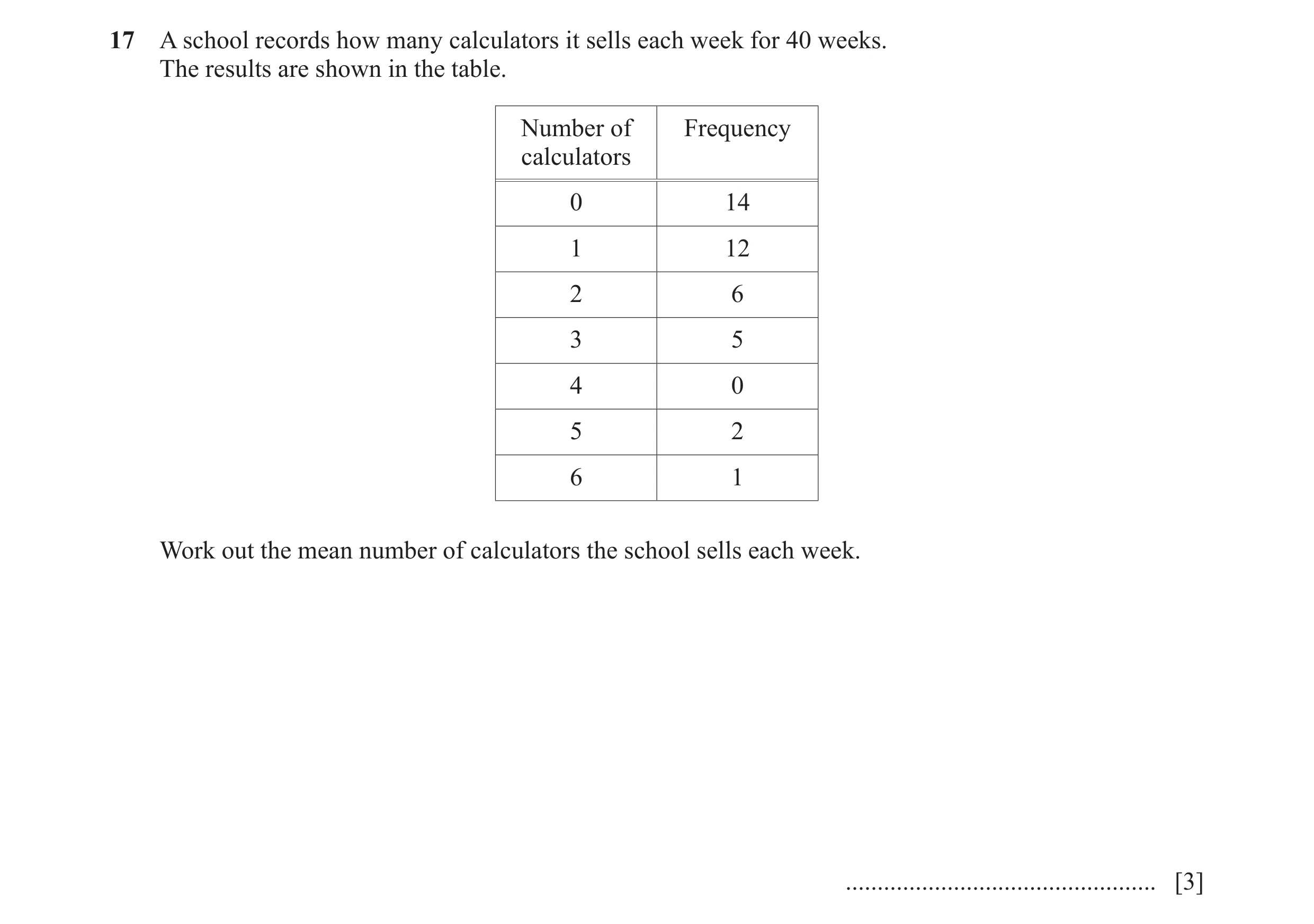 Question 62: A school records how many calculators it sells each week for 40 weeks. The results are shown in the table. Number of Frequency calculators …