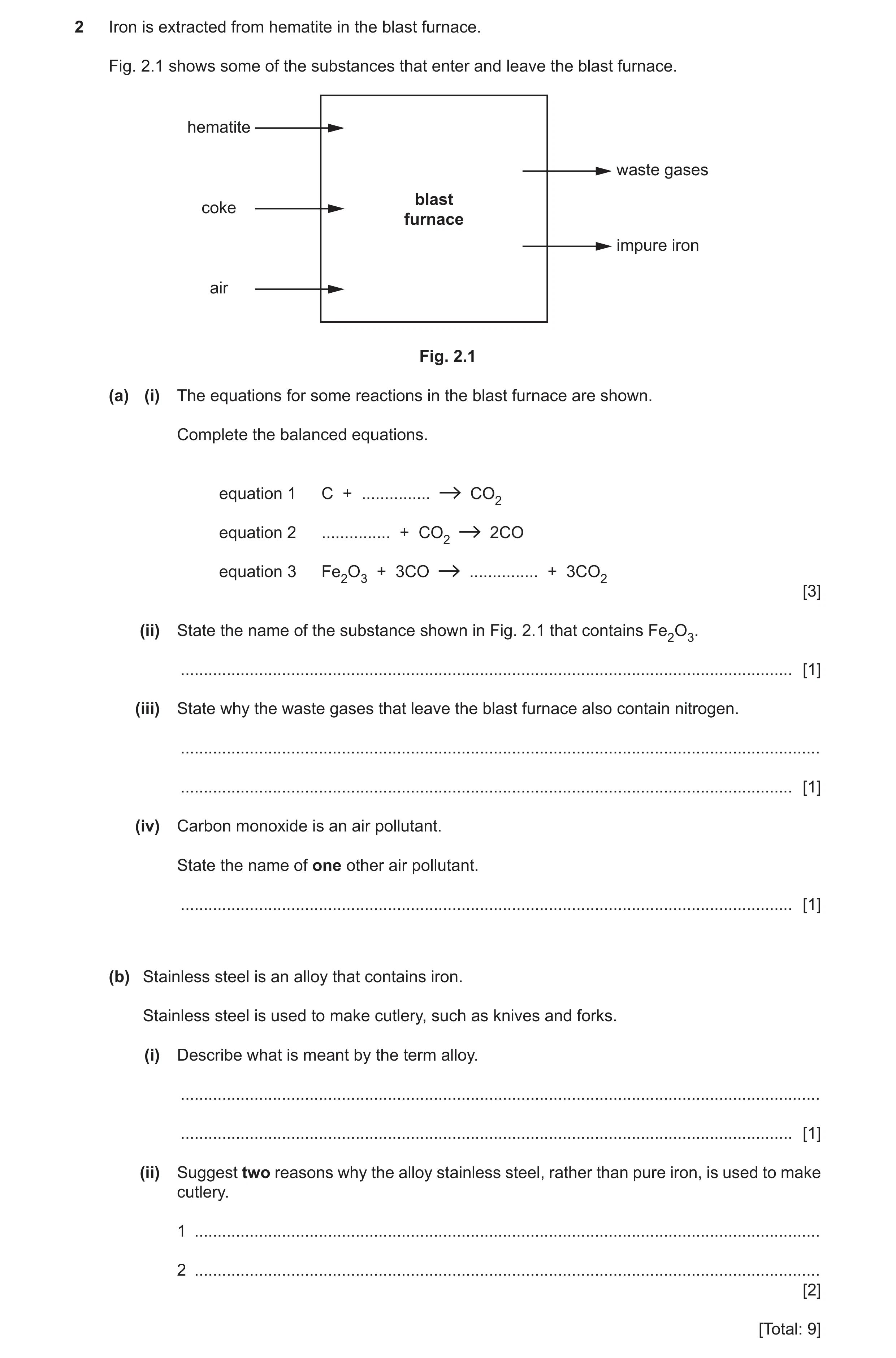 Question 8: Iron is extracted from hematite in the blast furnace. Fig. 2.1 shows some of the substances that enter and leave the blast furnace. hematit…