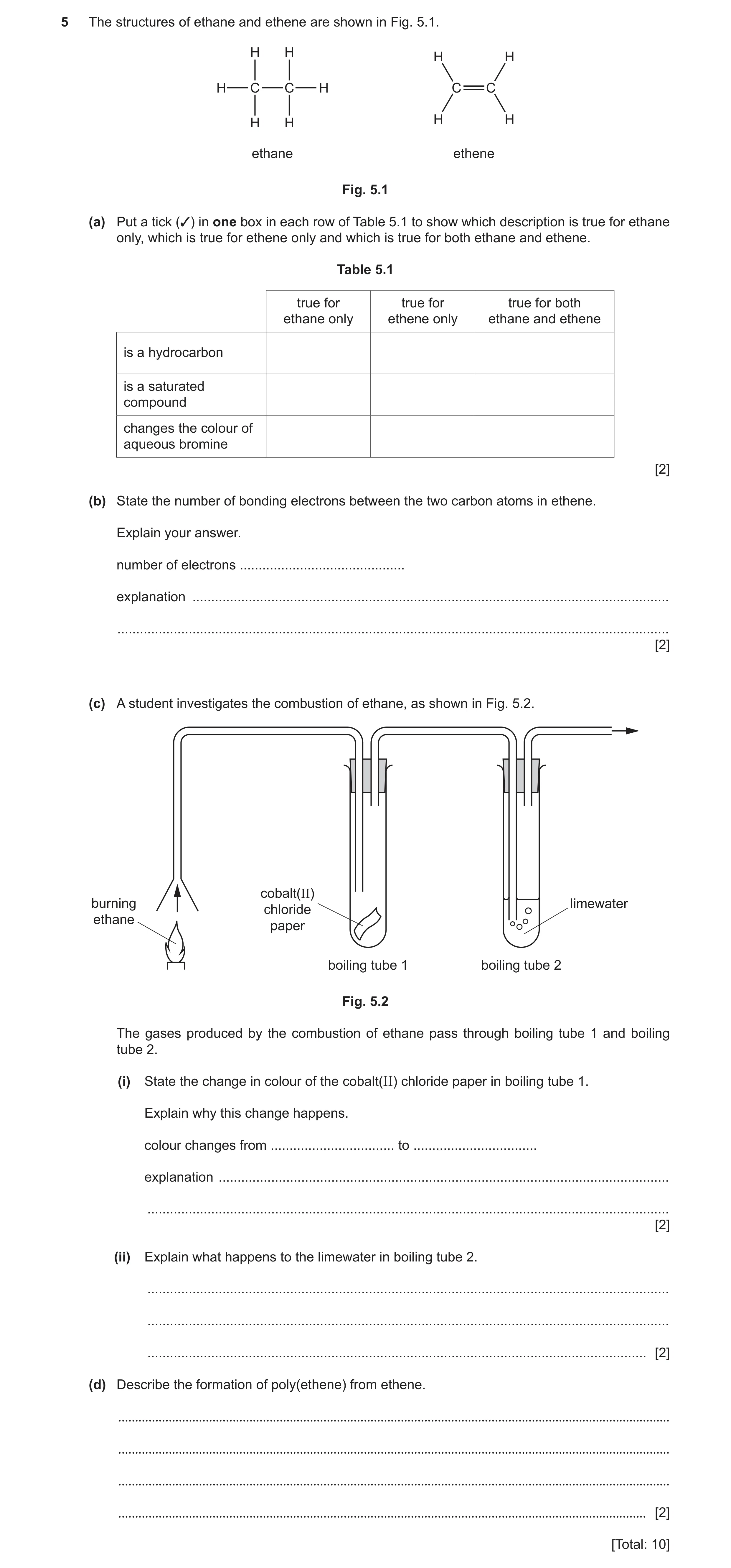 Question 21: The structures of ethane and ethene are shown in Fig. 5.1. H H H H H C C H C C H H H H ethane ethene Fig. 5.1 (a) Put a tick (✓) in one box…