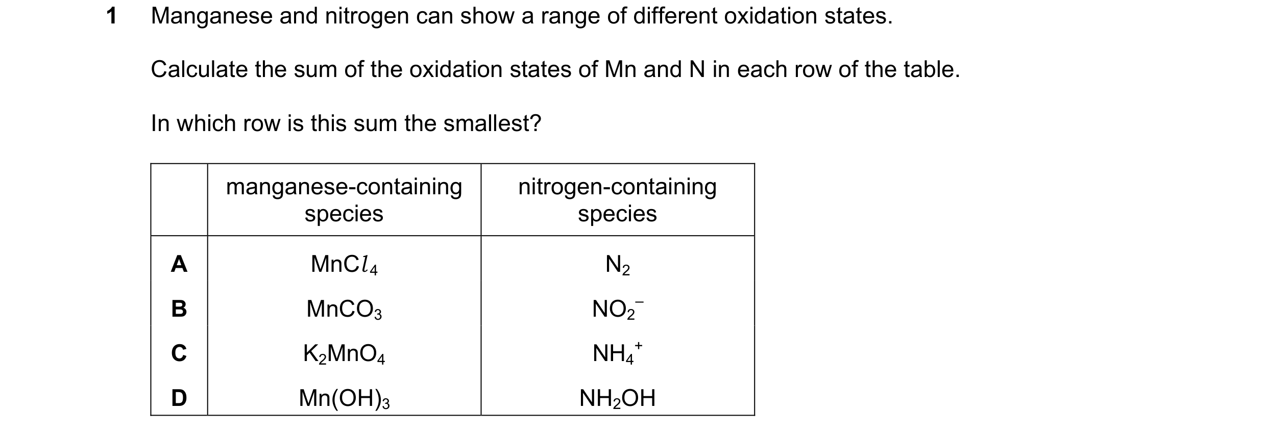 Question 213: Manganese and nitrogen can show a range of different oxidation states. Calculate the sum of the oxidation states of Mn and N in each row of…