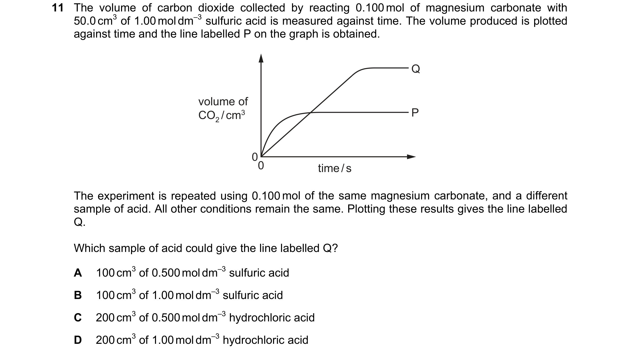 Question 176: The volume of carbon dioxide collected by reacting 0.100 mol of magnesium carbonate with 50.0 cm3 of 1.00 mol dm–3 sulfuric acid is measure…