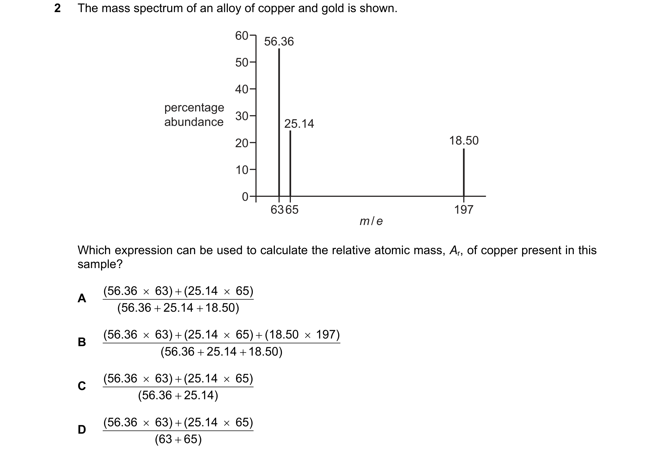 Question 7: The mass spectrum of an alloy of copper and gold is shown. 60 56.36 50 40 percentage 30 abundance 25.14 20 18.50 10 0 6365 197 m / e Which …