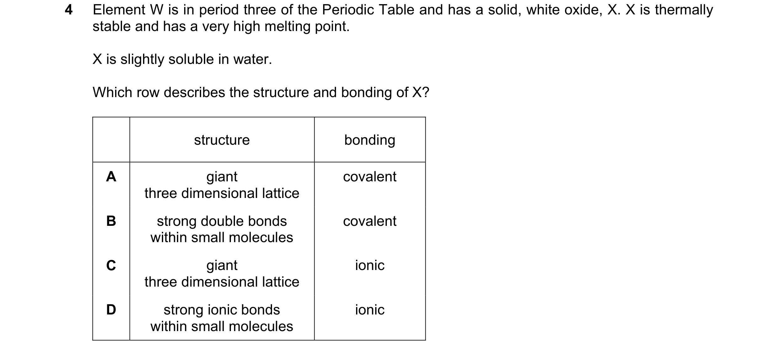 Question 90: Element W is in period three of the Periodic Table and has a solid, white oxide, X. X is thermally stable and has a very high melting point…