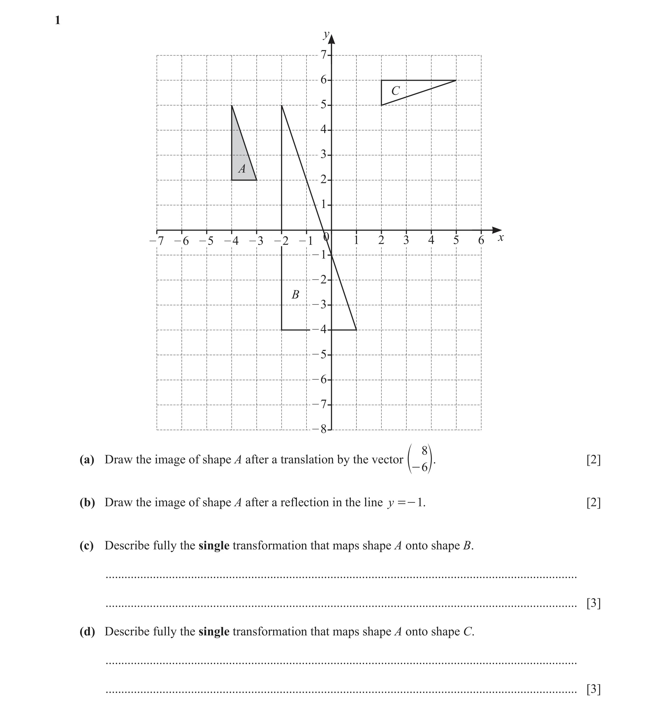 Question 20: y 7 6 C 5 4 3 A 2 1 0 x – 7 – 6 – 5 – 4 – 3 – 2 – 1 1 2 3 4 5 6 – 1 – 2 B – 3 – 4 – 5 – 6 – 7 – 8 8 (a) Draw the image of shape A after a t…