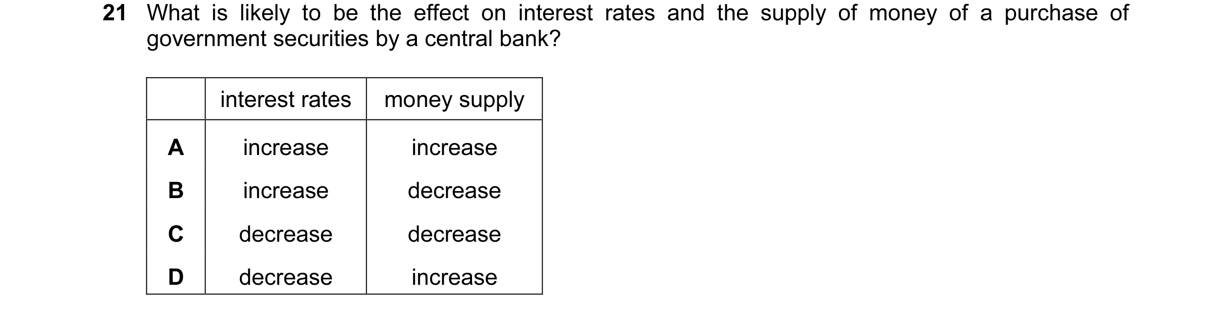 Question 19: What is likely to be the effect on interest rates and the supply of money of a purchase of government securities by a central bank? interes…
