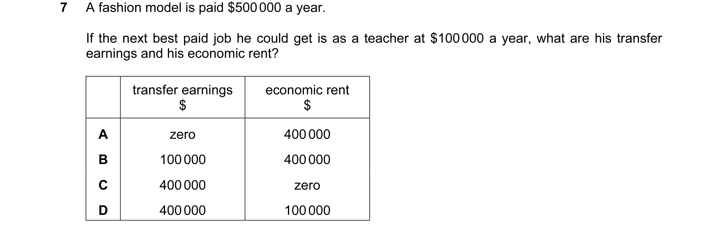 Question 88: A fashion model is paid $500 000 a year. If the next best paid job he could get is as a teacher at $100 000 a year, what are his transfer e…