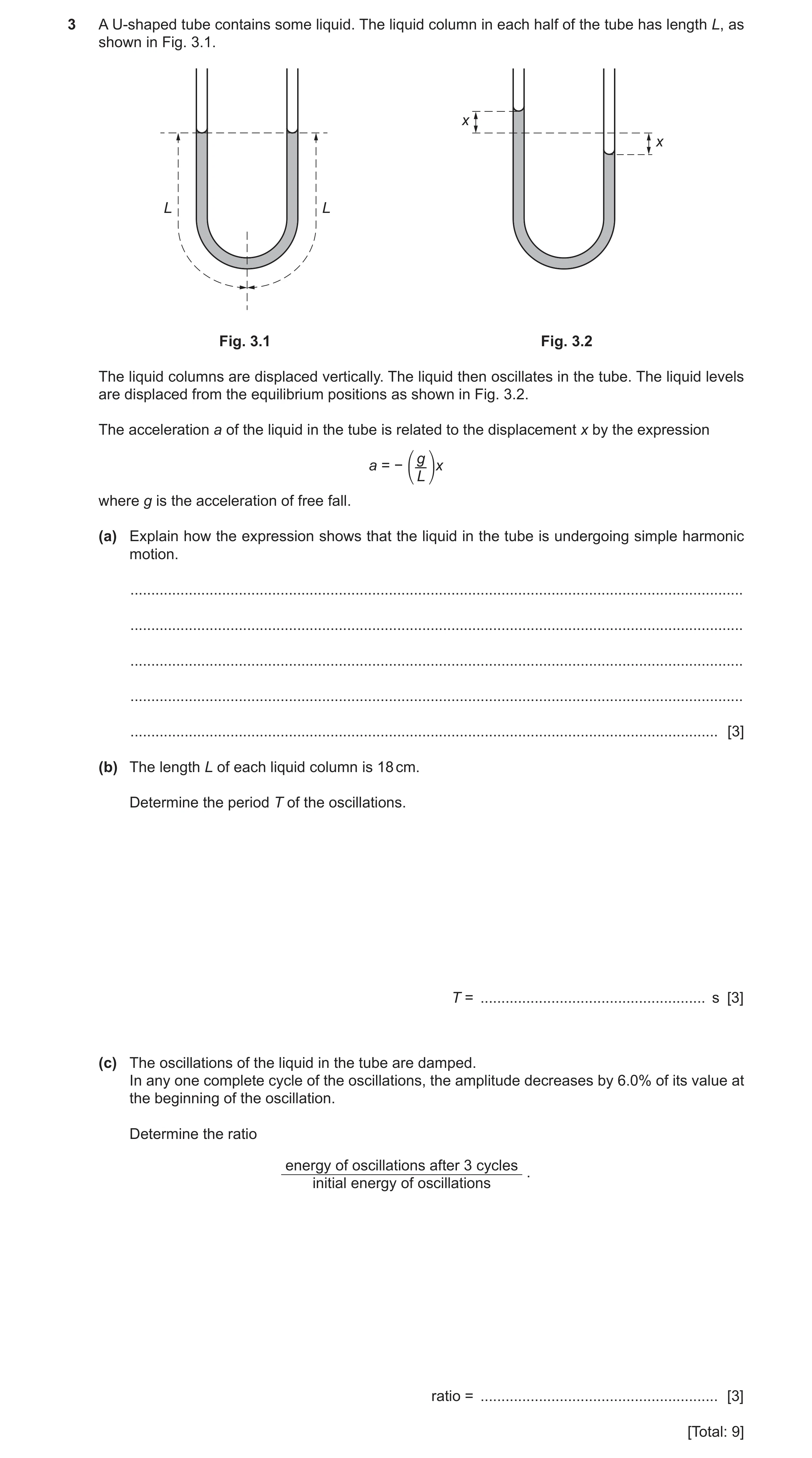 Question 30: A U-shaped tube contains some liquid. The liquid column in each half of the tube has length L, as shown in Fig. 3.1. x x L L Fig. 3.1 Fig. …