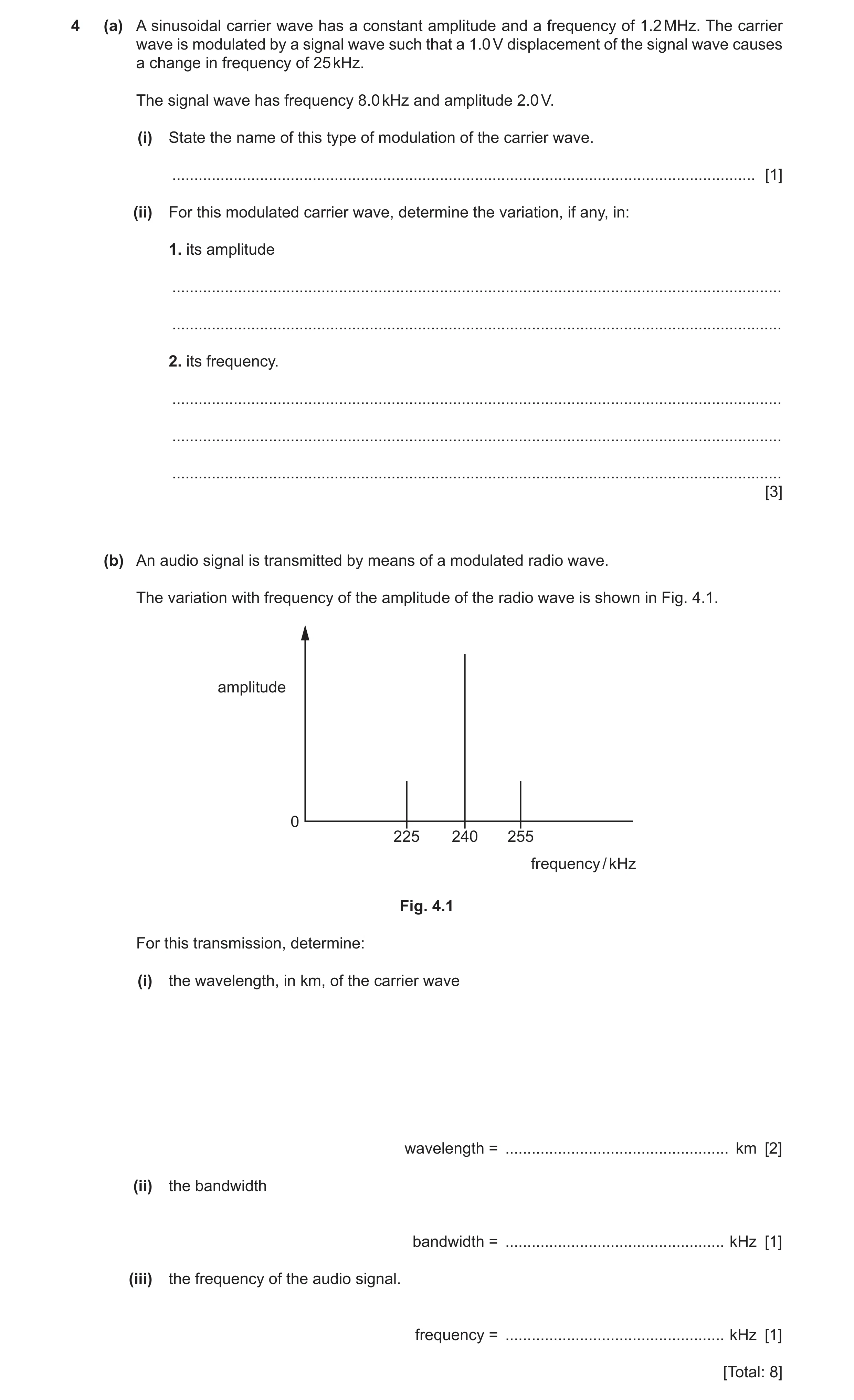 Question 11: (a) A sinusoidal carrier wave has a constant amplitude and a frequency of 1.2 MHz. The carrier wave is modulated by a signal wave such that…