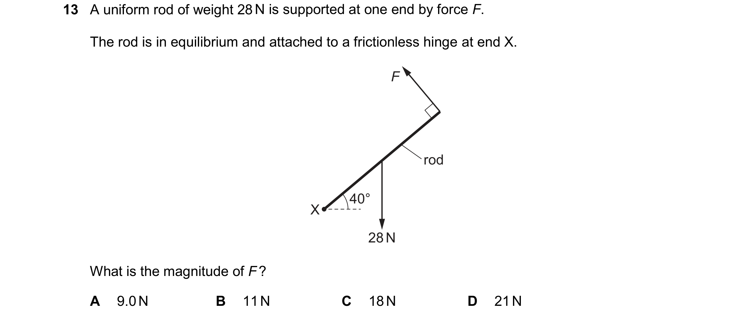 Question 160: A uniform rod of weight 28 N is supported at one end by force F. The rod is in equilibrium and attached to a frictionless hinge at end X. F…