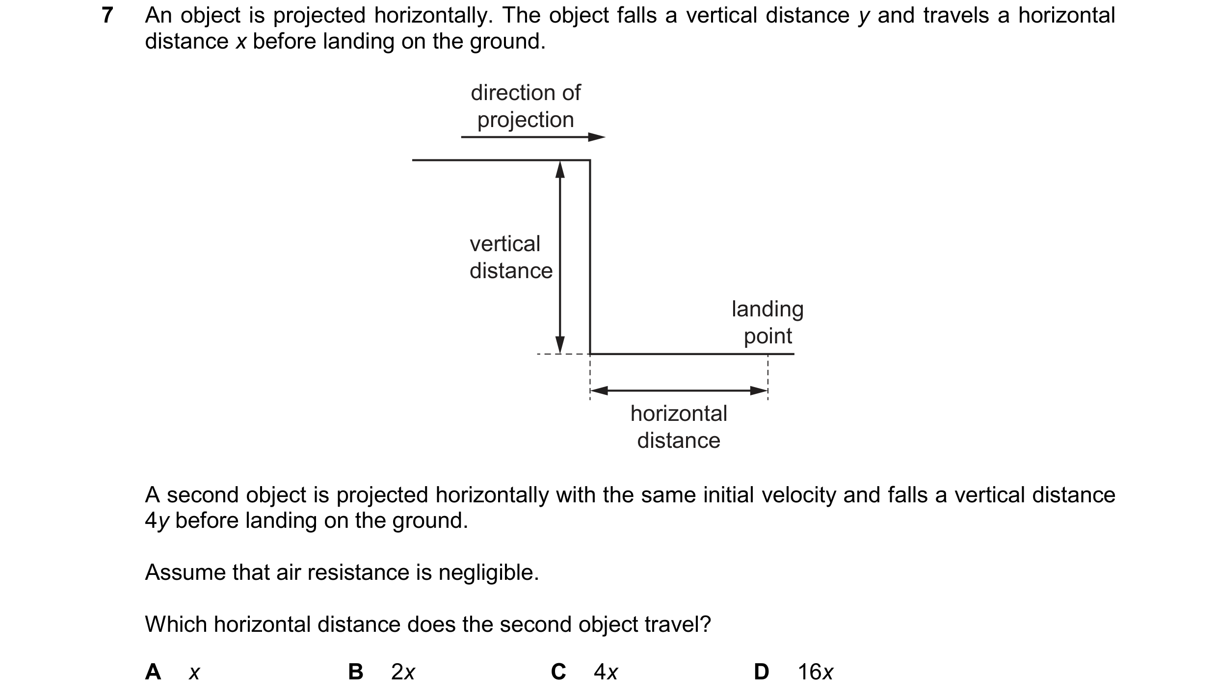 Question 239: An object is projected horizontally. The object falls a vertical distance y and travels a horizontal distance x before landing on the groun…