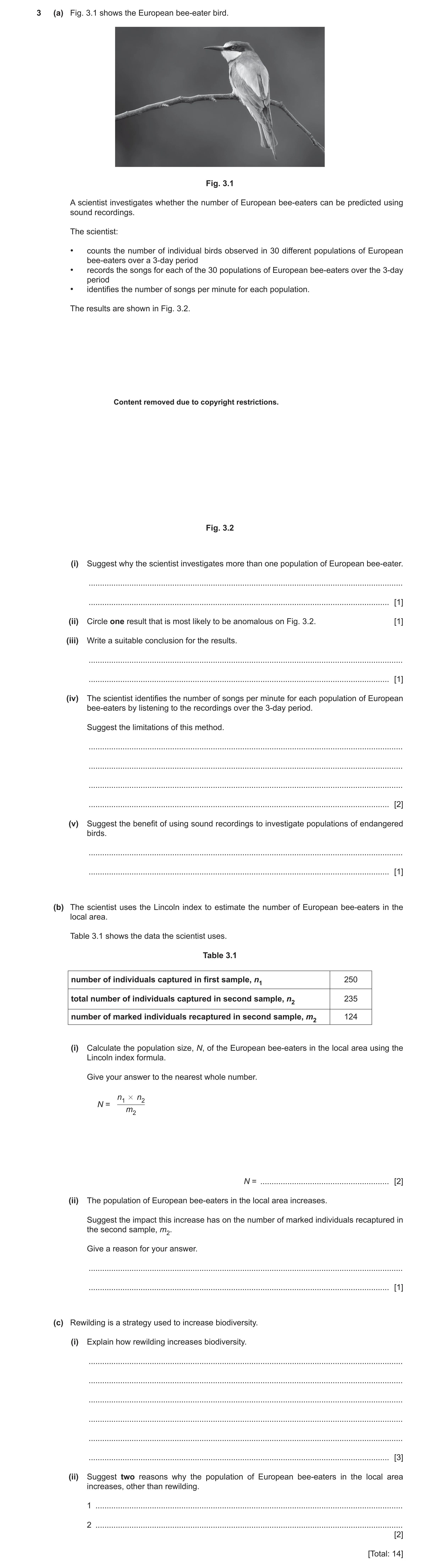 Question 46: (a) Fig. 3.1 shows the European bee‑eater bird. Fig. 3.1 A scientist investigates whether the number of European bee‑eaters can be predicte…