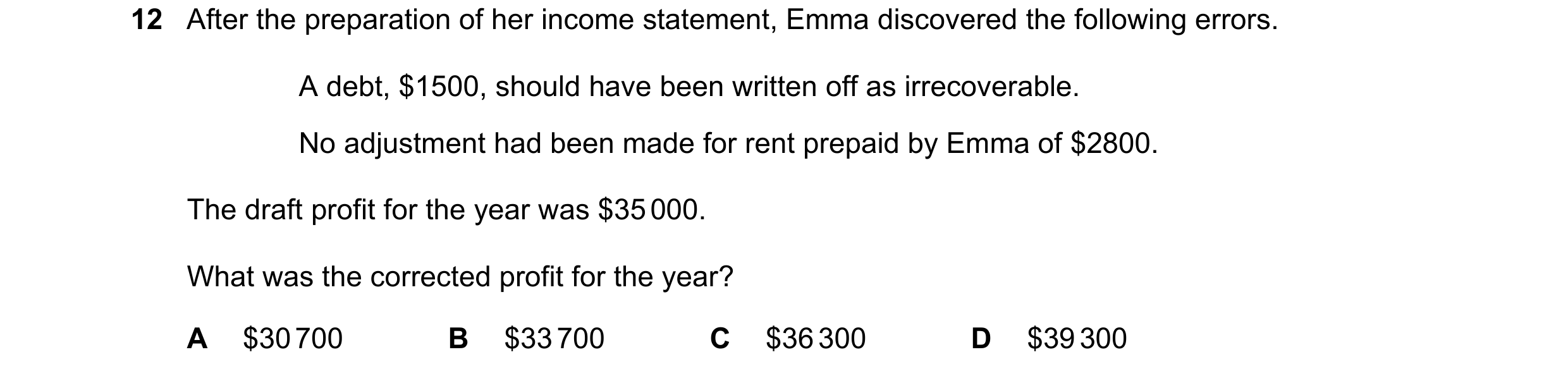Question 63: After the preparation of her income statement, Emma discovered the following errors. A debt, $1500, should have been written off as irrecov…
