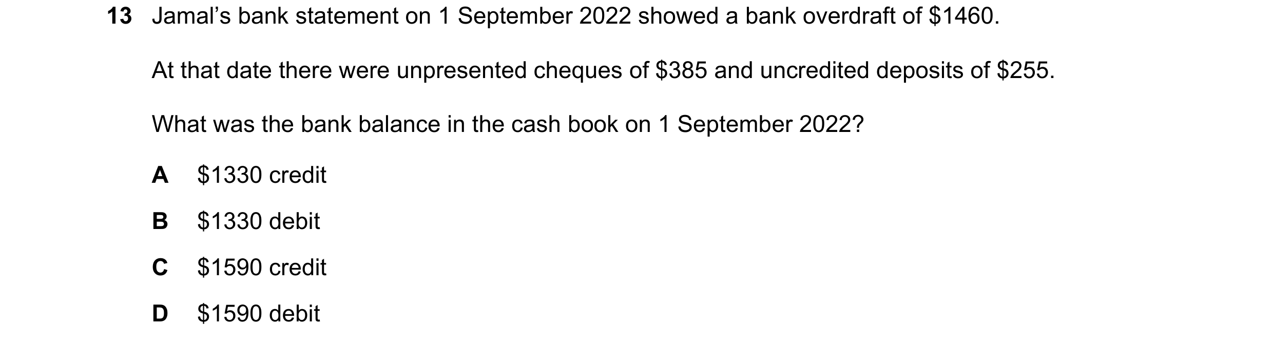 Question 23: Jamal’s bank statement on 1 September 2022 showed a bank overdraft of $1460. At that date there were unpresented cheques of $385 and uncred…