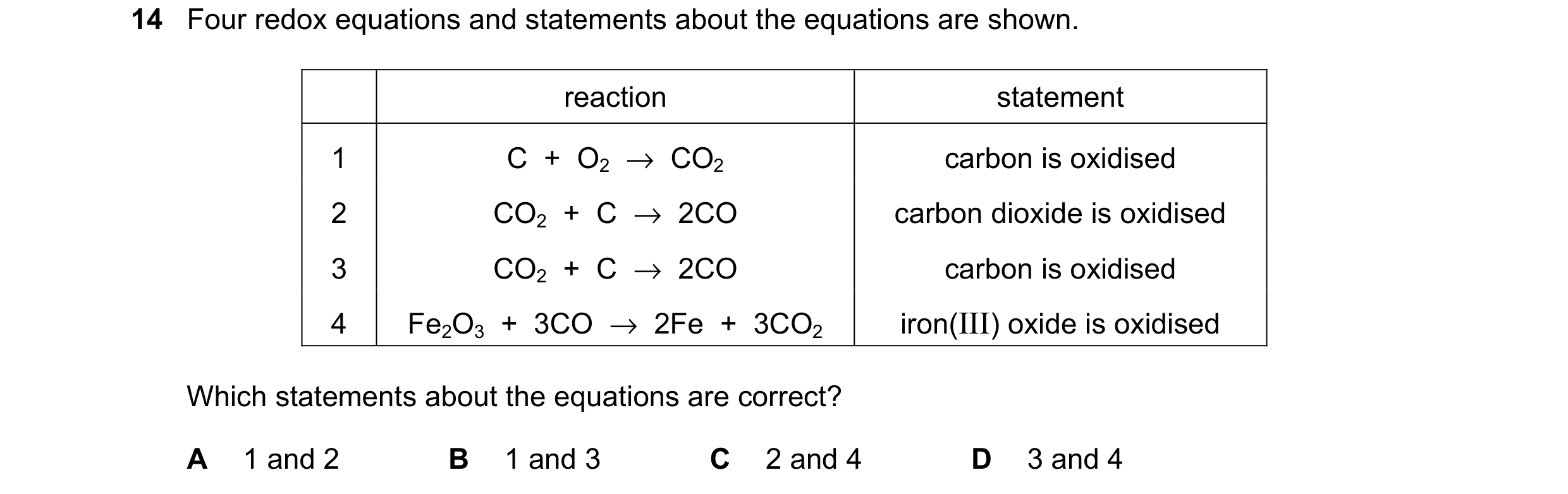 Question 12: Four redox equations and statements about the equations are shown. reaction statement 1 C + O2 → CO2 carbon is oxidised 2 CO2 + C → …