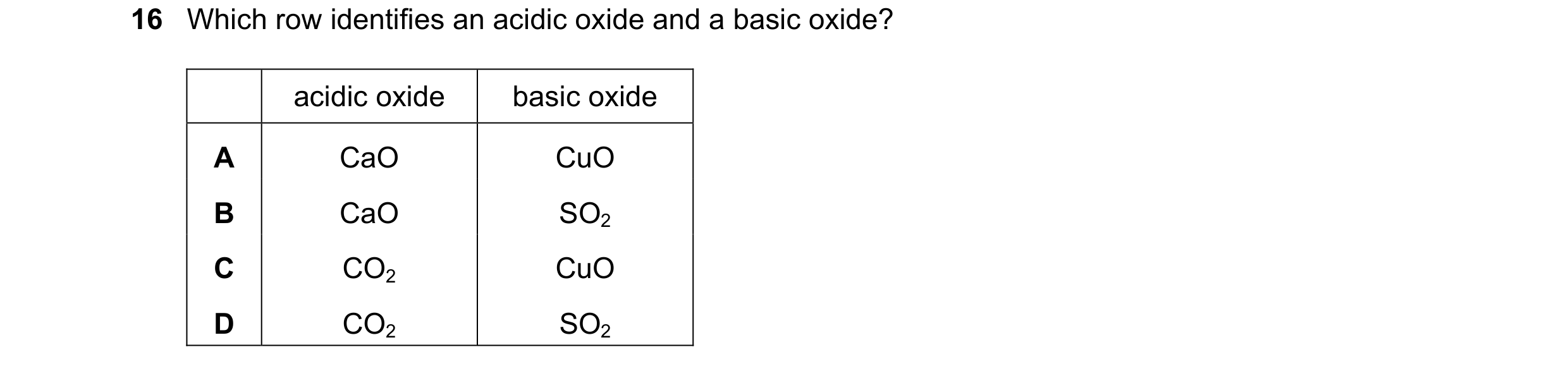 Question 20: Which row identifies an acidic oxide and a basic oxide? acidic oxide basic oxide A CaO CuO B CaO SO2 C CO2 CuO D CO2 SO2