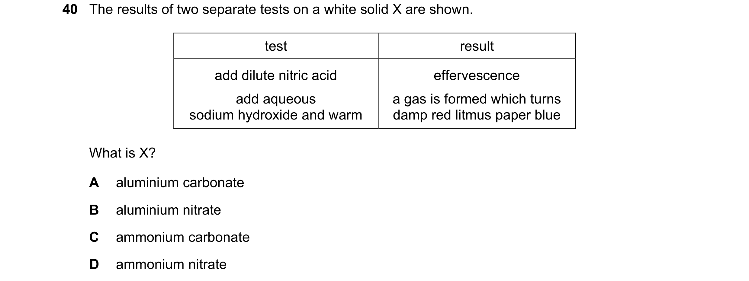 Question 23: The results of two separate tests on a white solid X are shown. test result add dilute nitric acid effervescence add aqueous a gas is forme…