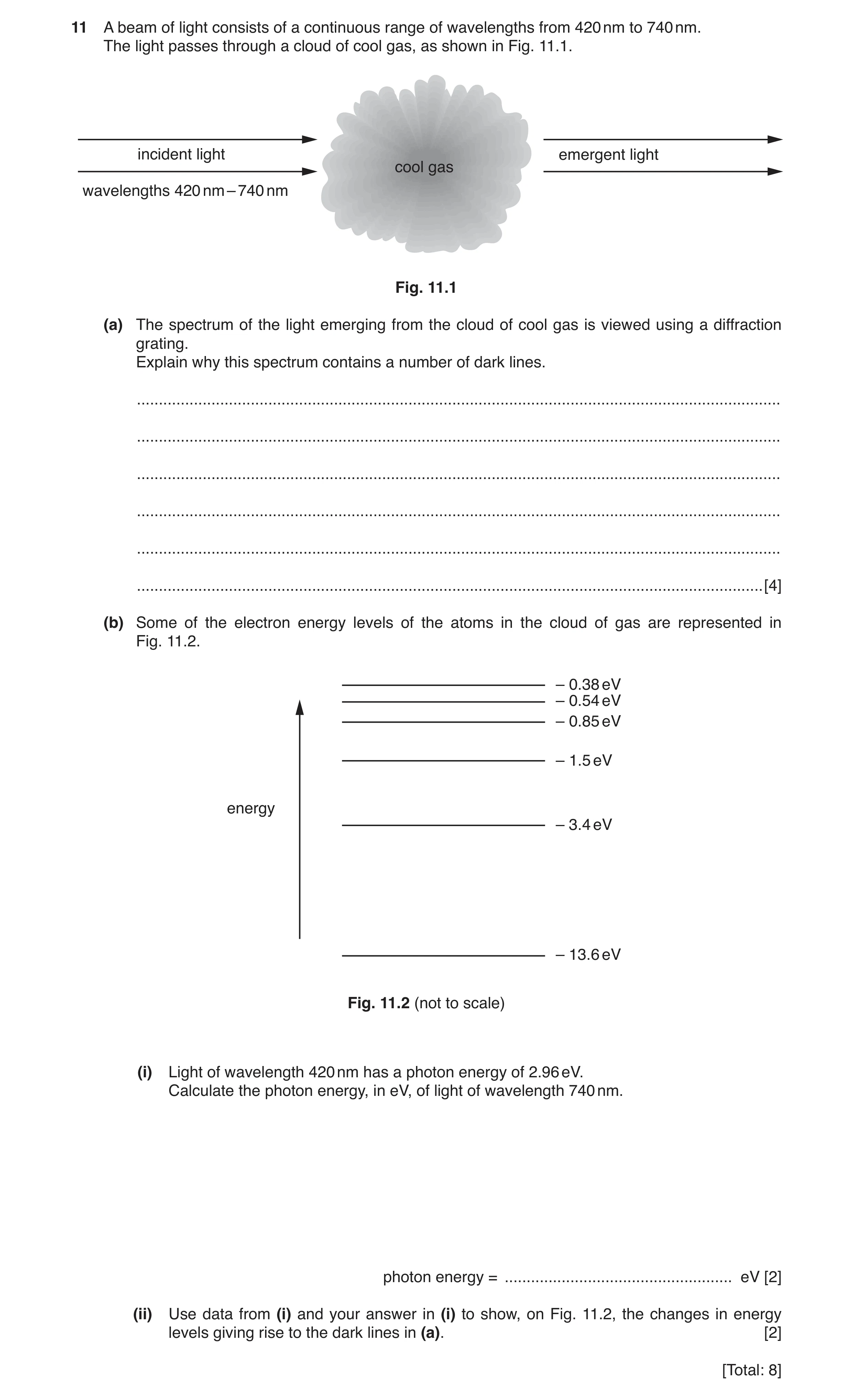 Question 2: A beam of light consists of a continuous range of wavelengths from 420 nm to 740 nm. The light passes through a cloud of cool gas, as shown…