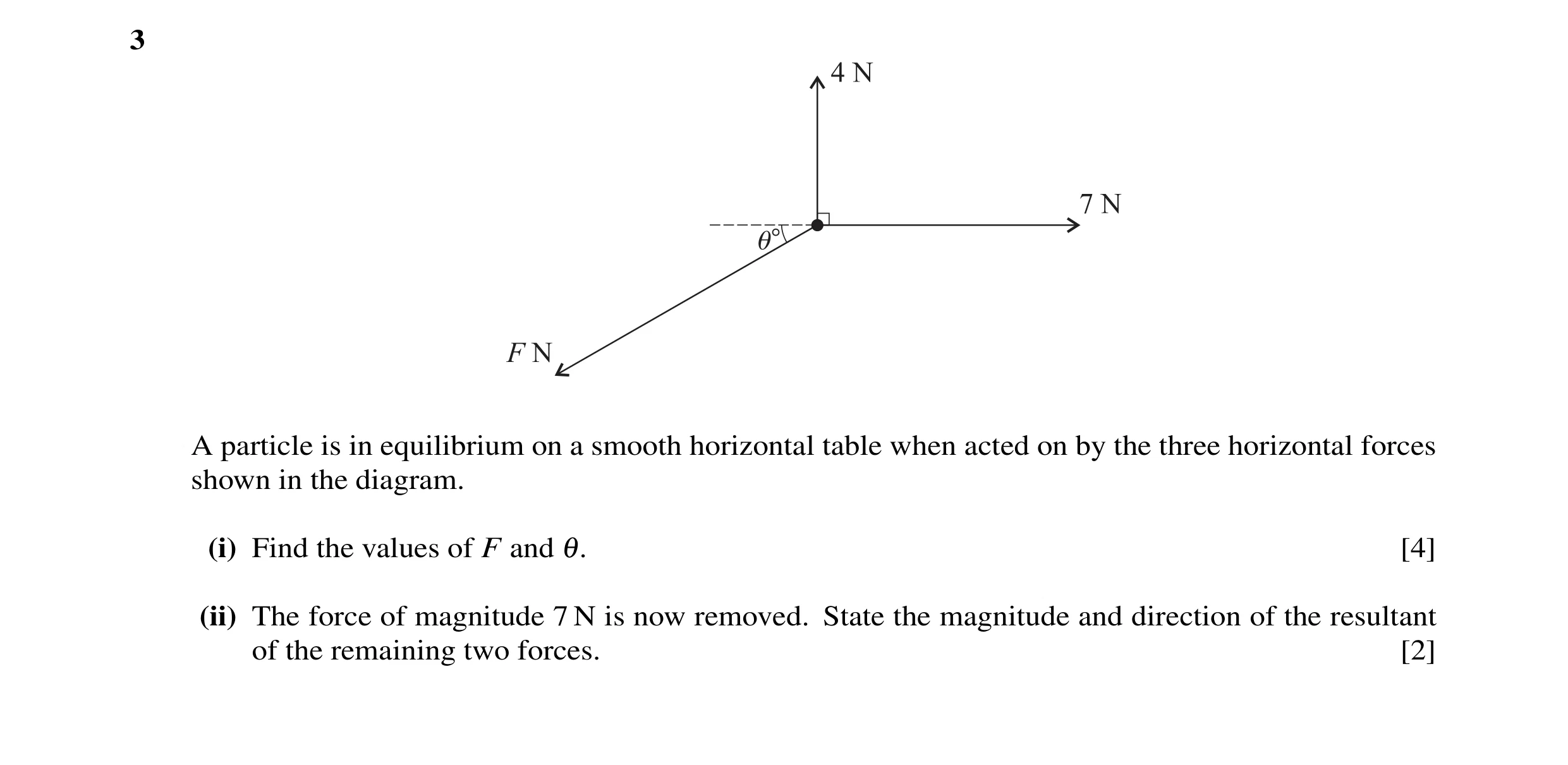 Question 8: A particle is in equilibrium on a smooth horizontal table when acted on by the three horizontal forces shown in the diagram. (i) Find the v…