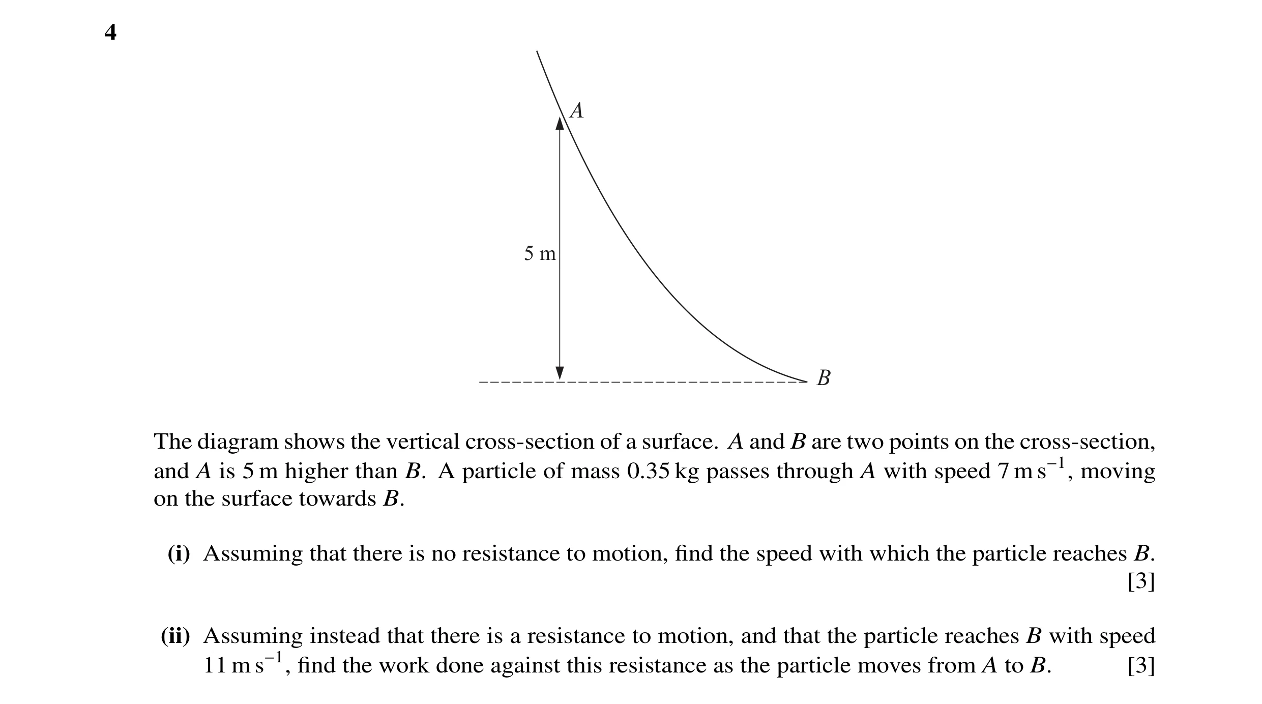 Question 8: The diagram shows the vertical cross-section of a surface. A and B are two points on the cross-section, and A is 5 m higher than B. A parti…