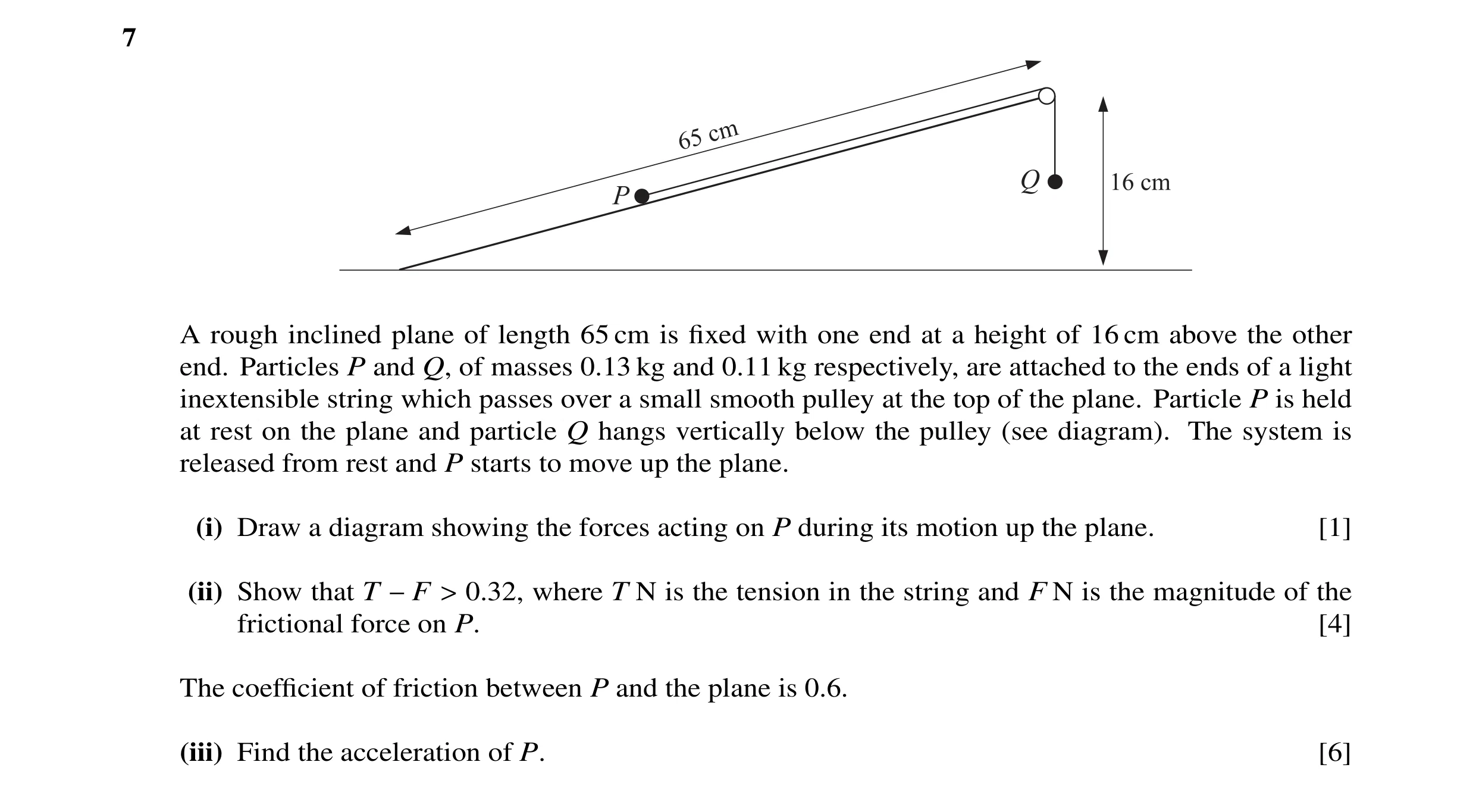 Question 10: A rough inclined plane of length 65 cm is fixed with one end at a height of 16 cm above the other end. Particles P and Q, of masses 0.13 kg …