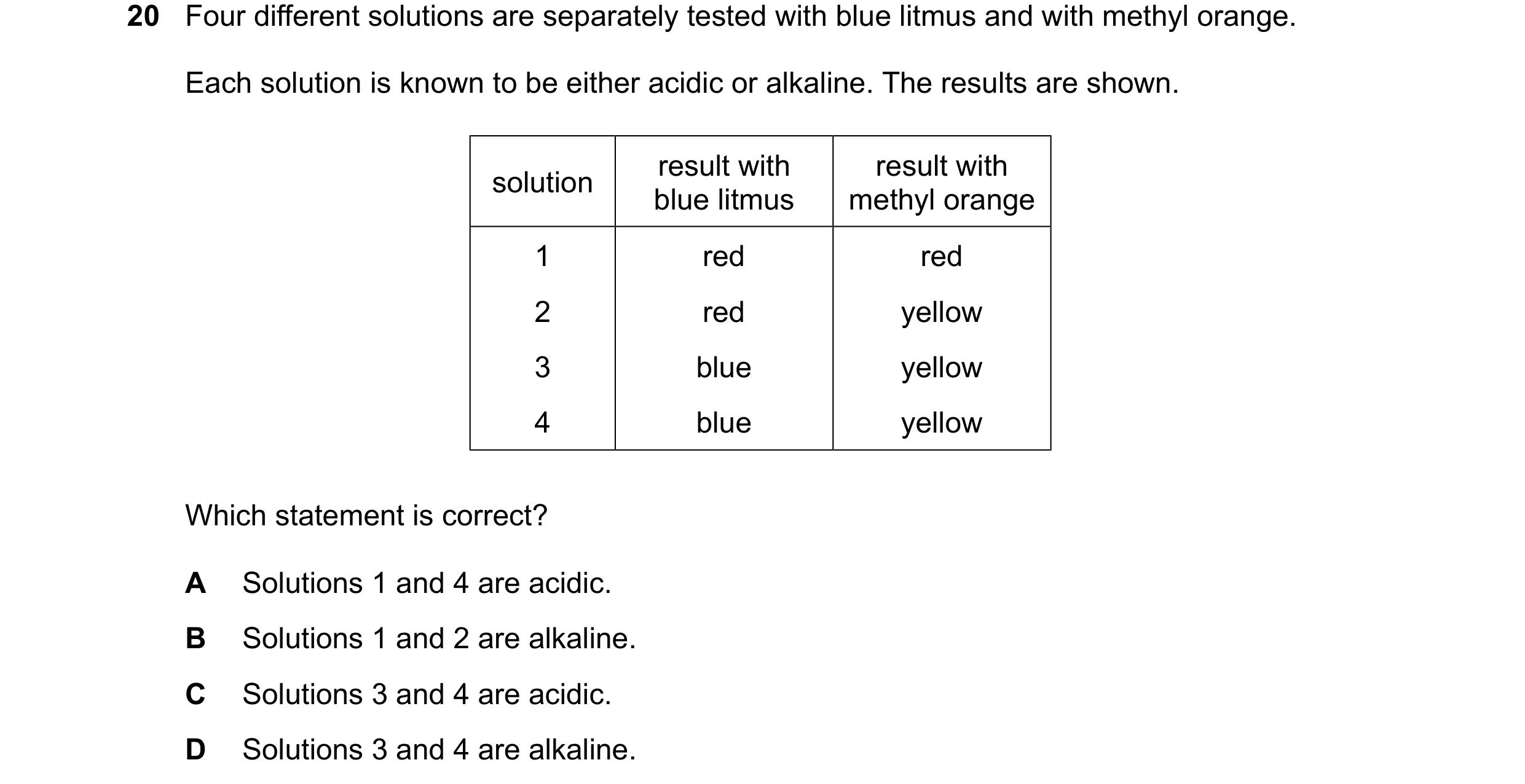 Question 24: Four different solutions are separately tested with blue litmus and with methyl orange. Each solution is known to be either acidic or alkal…
