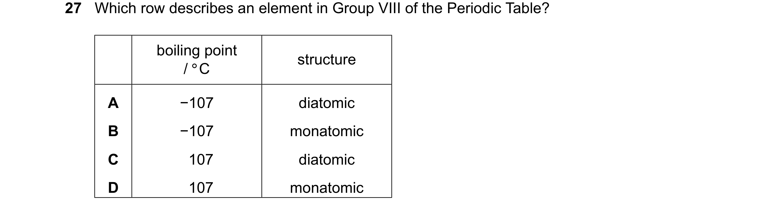 Question 15: Which row describes an element in Group VIII of the Periodic Table? boiling point structure /°C A −107 diatomic B −107 monatomic C 107 diat…