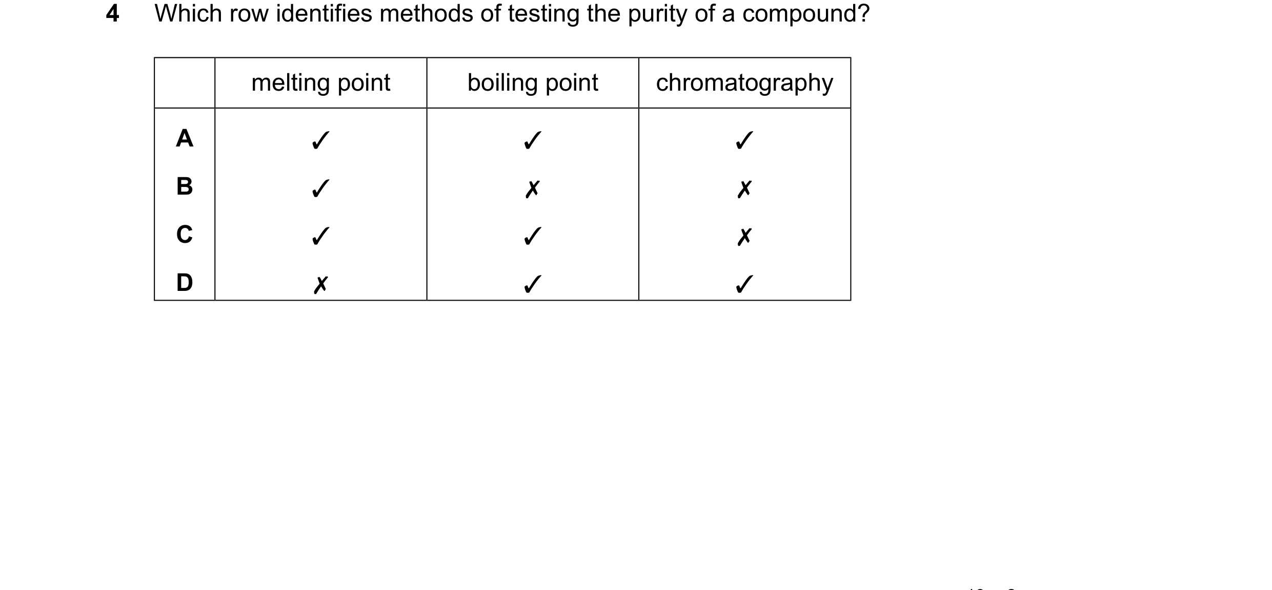 Question 12: Which row identifies methods of testing the purity of a compound? melting point boiling point chromatography A ✓ ✓ ✓ B ✓ ✗ ✗ C ✓ ✓ ✗ D ✗ ✓ ✓