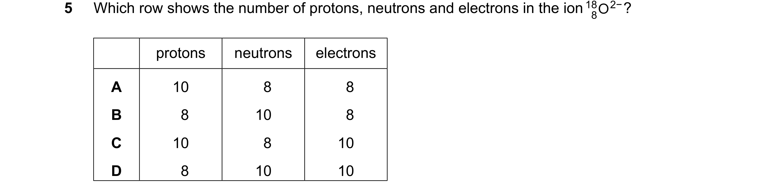 Question 14: Which row shows the number of protons, neutrons and electrons in the ion ? protons neutrons electrons A 10 8 8 B 8 10 8 C 10 8 10 D 8 10 10