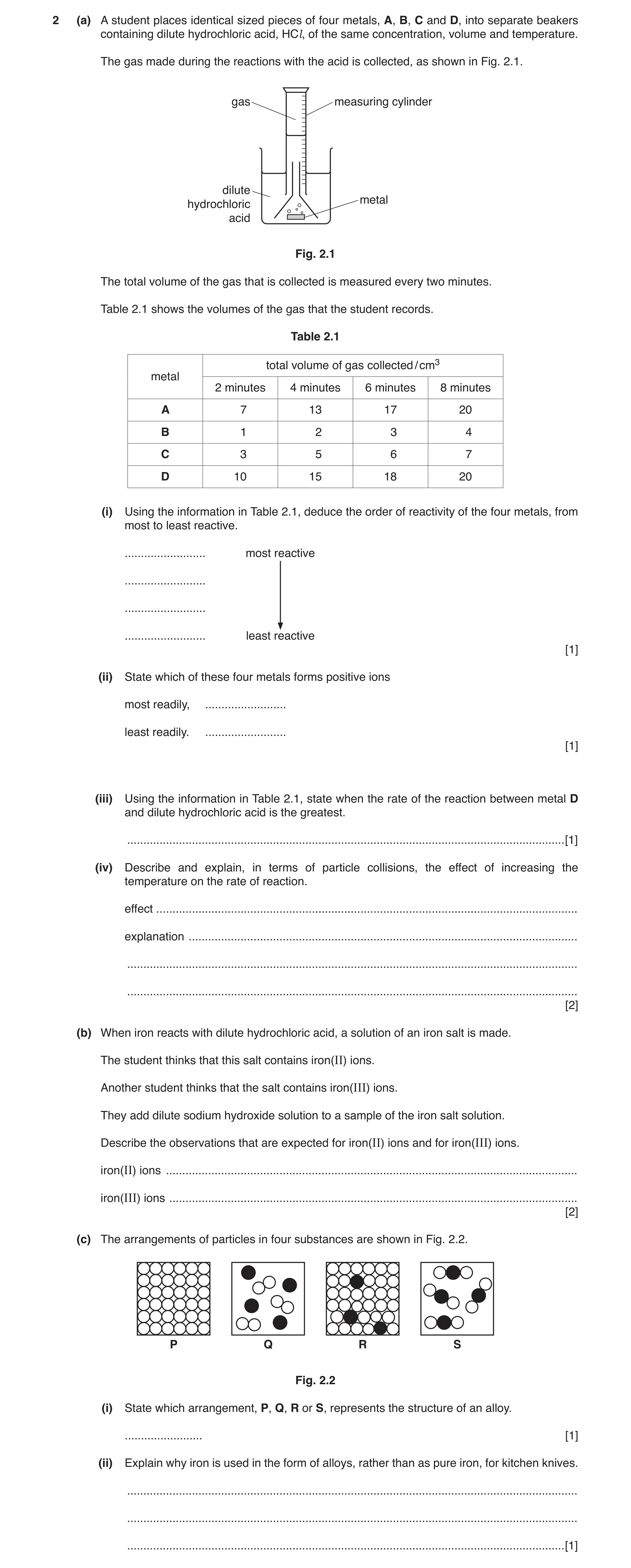 Question 4: (a) A student places identical sized pieces of four metals, A, B, C and D, into separate beakers containing dilute hydrochloric acid, HCl, …