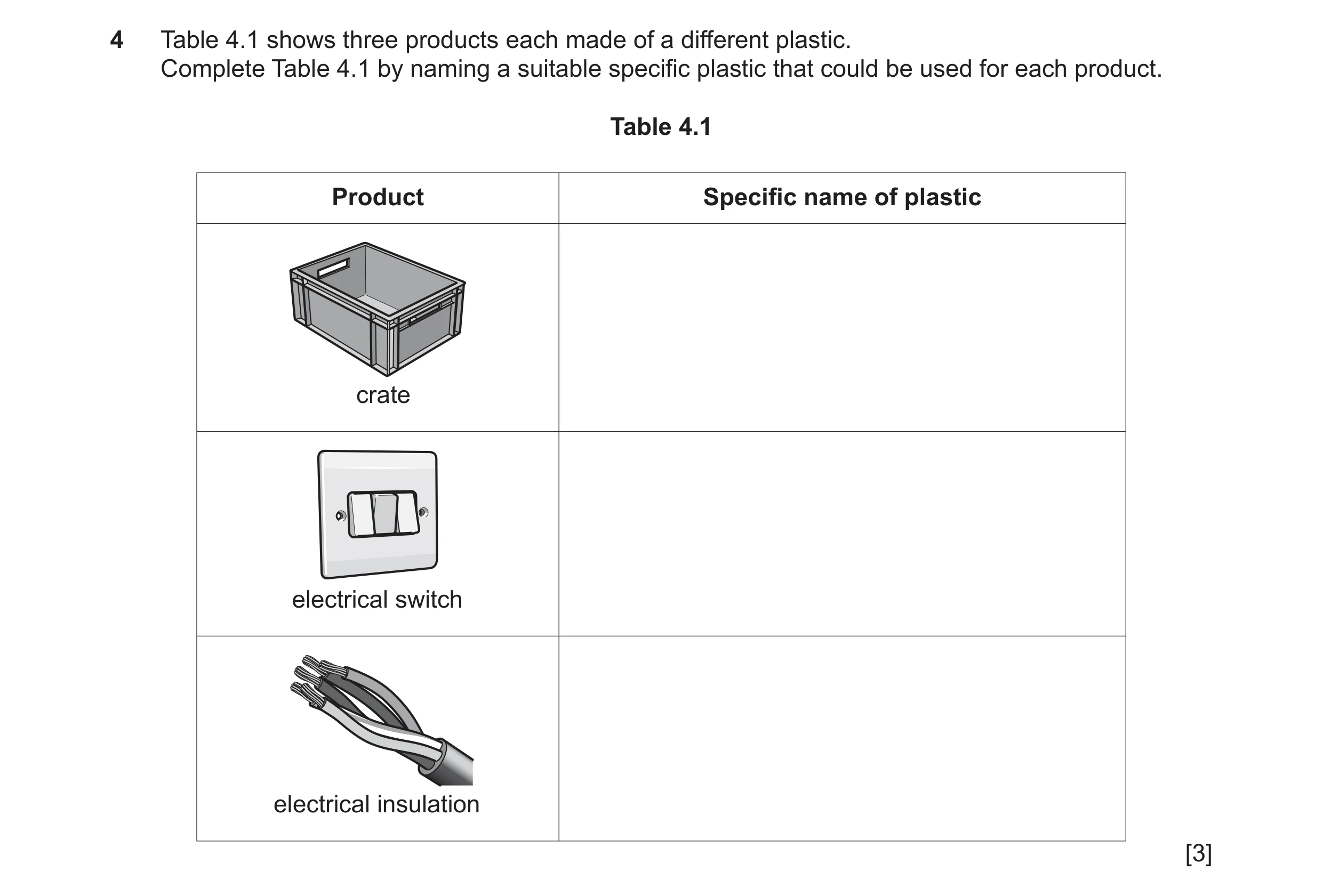 Question 107: Table 4.1 shows three products each made of a different plastic. Complete Table 4.1 by naming a suitable specific plastic that could be use…