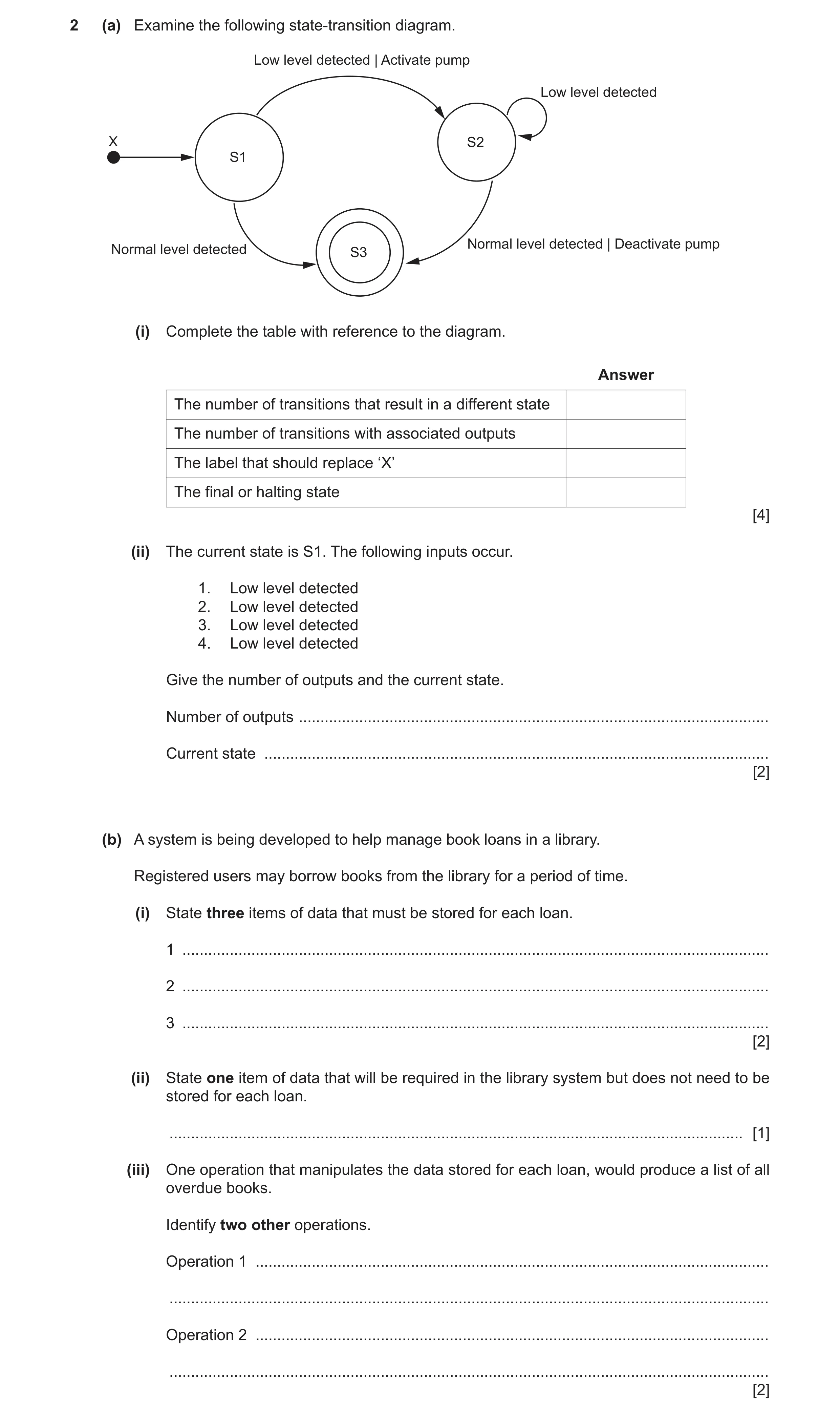 Question 2: (a) Examine the following state-transition diagram. Low level detected | Activate pump Low level detected X S2 S1 Normal level detected | D…