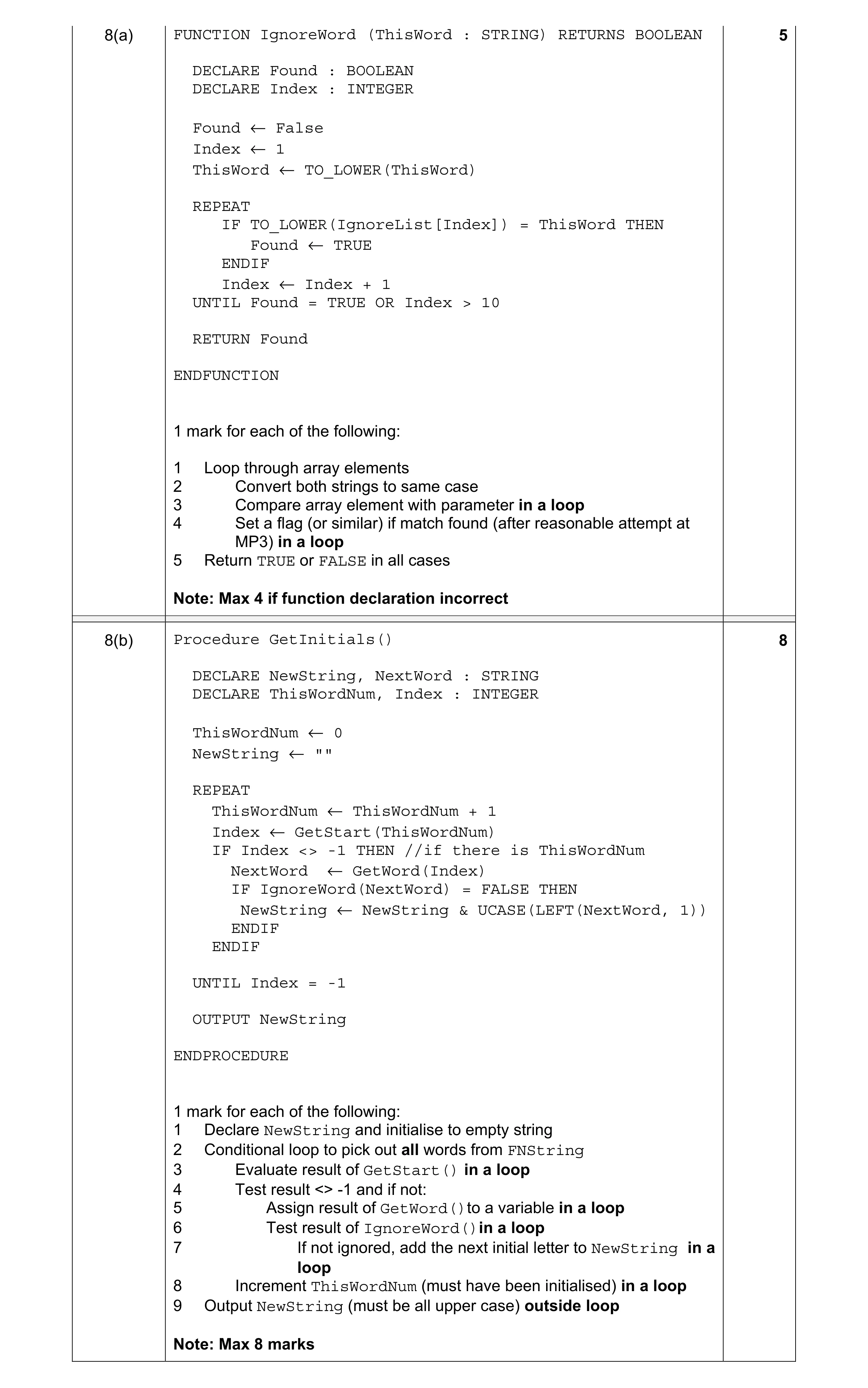 Mark scheme for question 4