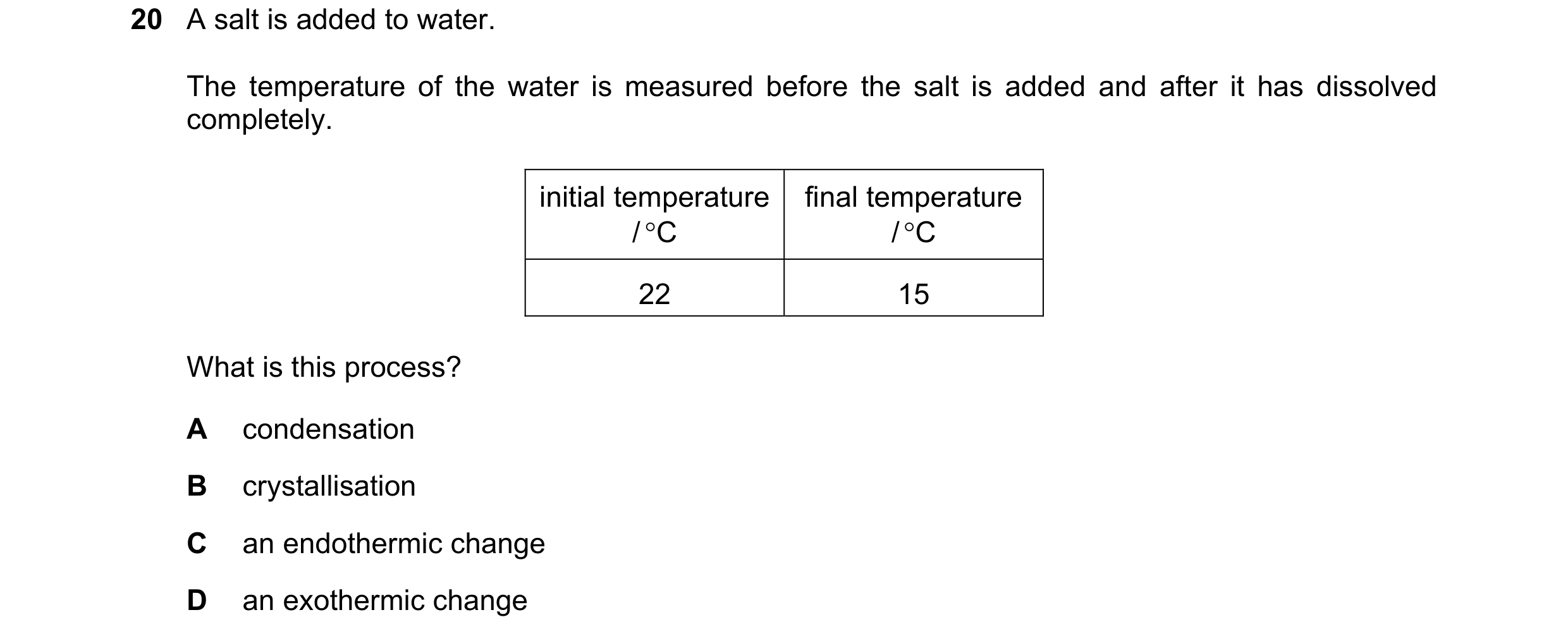 Question 51: A salt is added to water. The temperature of the water is measured before the salt is added and after it has dissolved completely. initial …