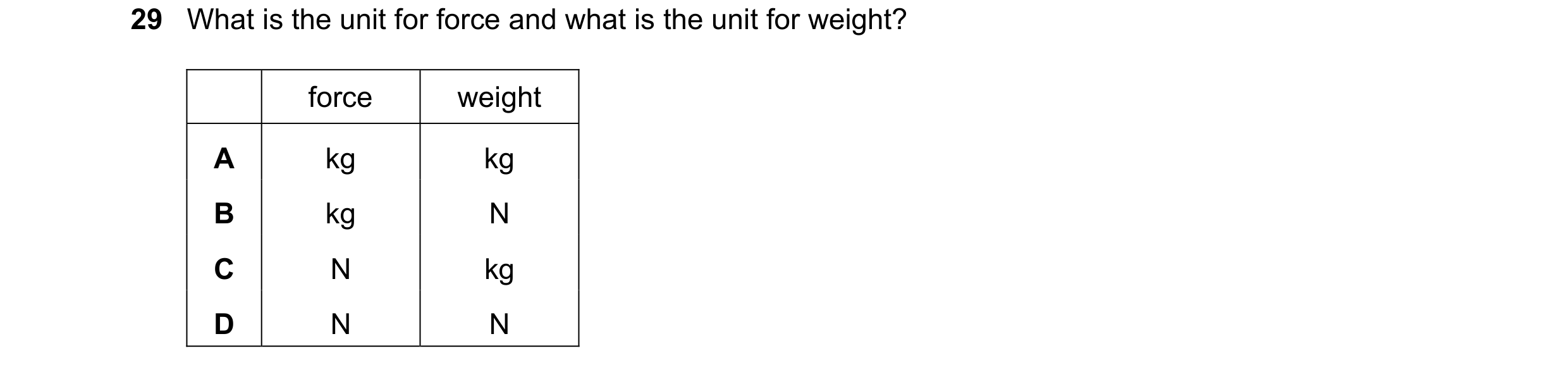 Question 38: What is the unit for force and what is the unit for weight? force weight A kg kg B kg N C N kg D N N