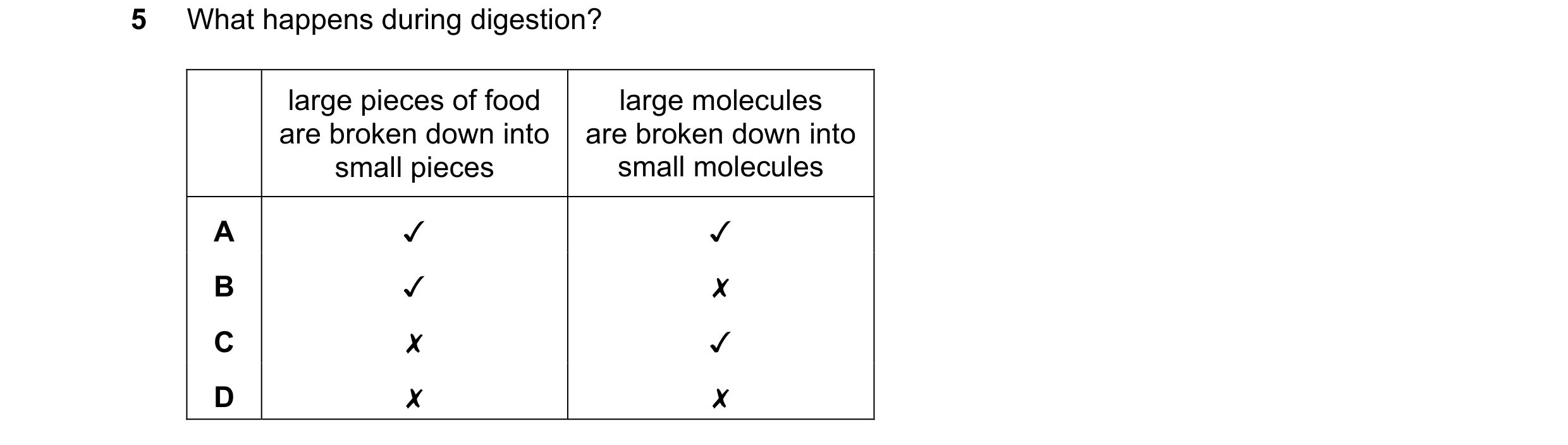 Question 39: What happens during digestion?

large pieces of food large molecules
are broken down into | are broken down into
small pieces small molecul…