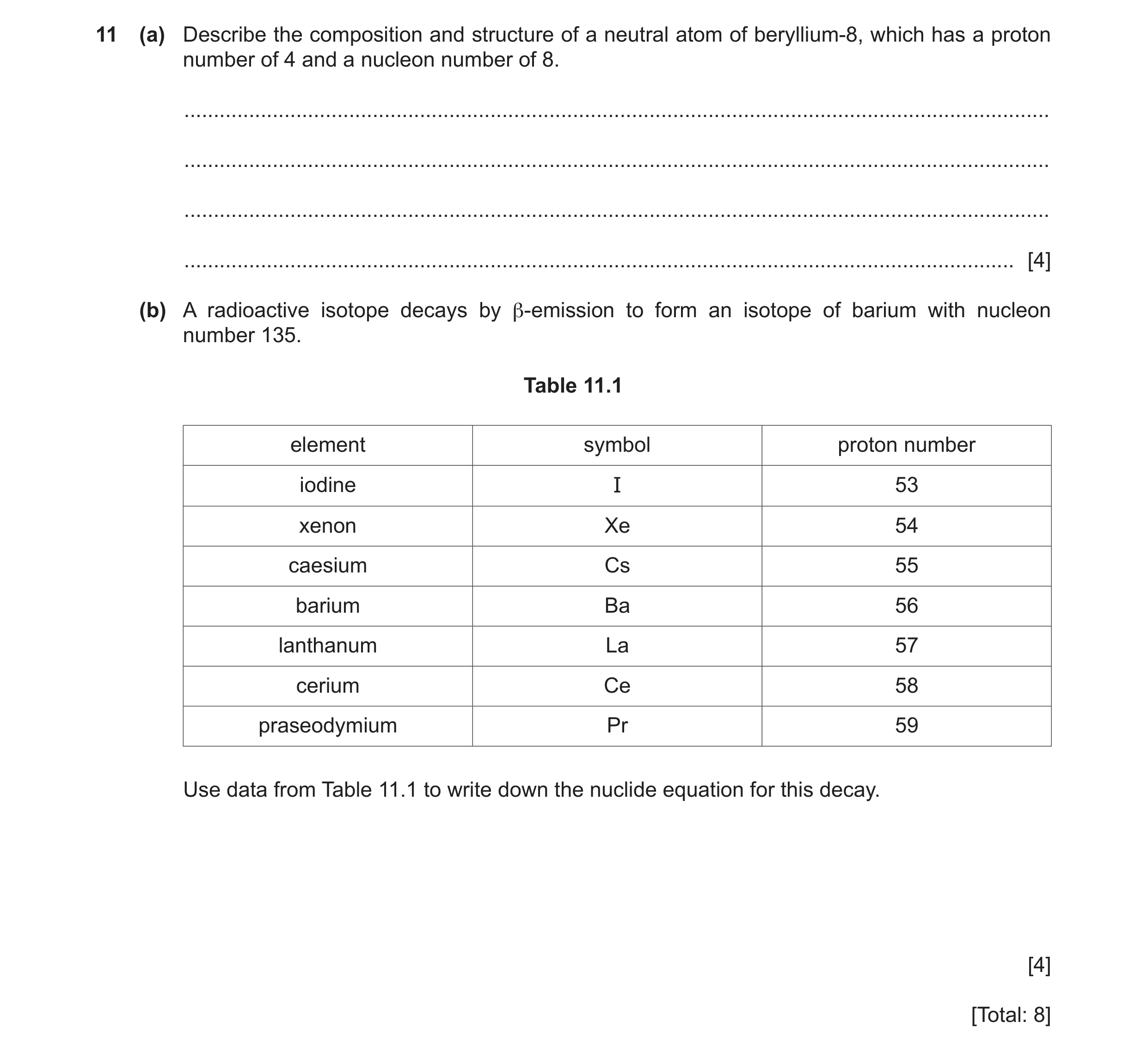 Question 18: (a) Describe the composition and structure of a neutral atom of beryllium-8, which has a proton number of 4 and a nucleon number of 8. ....…