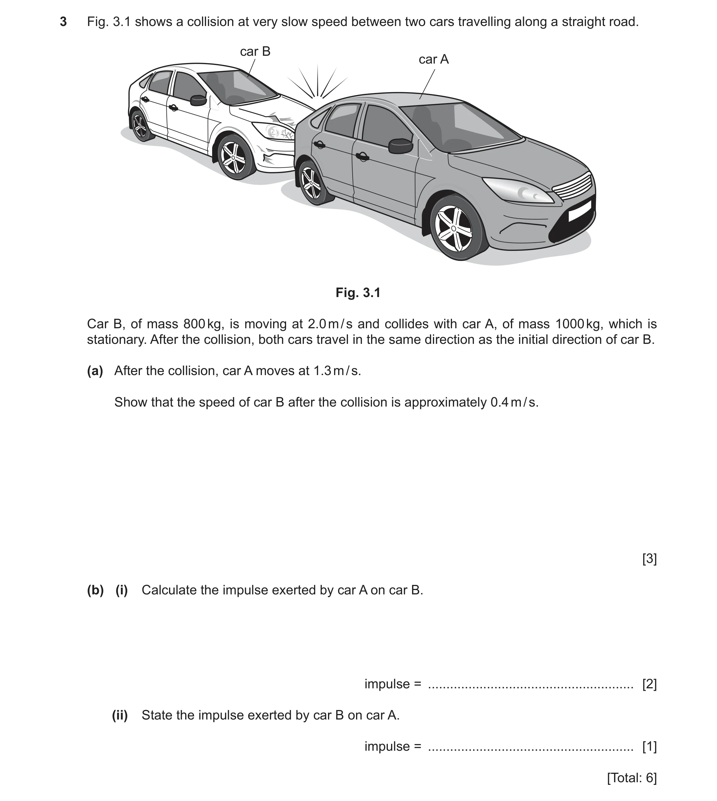 Question 18: Fig. 3.1 shows a collision at very slow speed between two cars travelling along a straight road. car B car A Fig. 3.1 Car B, of mass 800 kg…