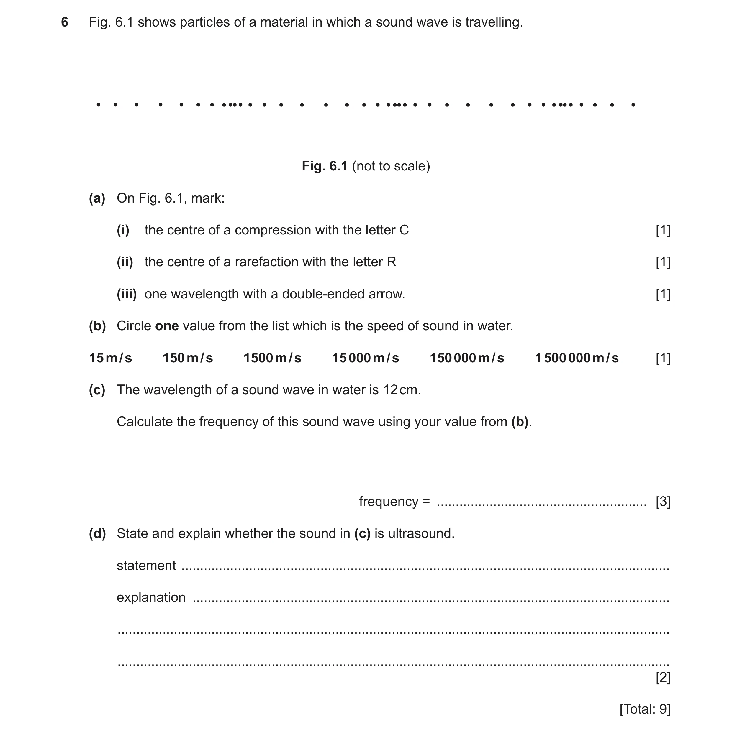 Question 19: Fig. 6.1 shows particles of a material in which a sound wave is travelling. Fig. 6.1 (not to scale) (a) On Fig. 6.1, mark: (i) the centre o…