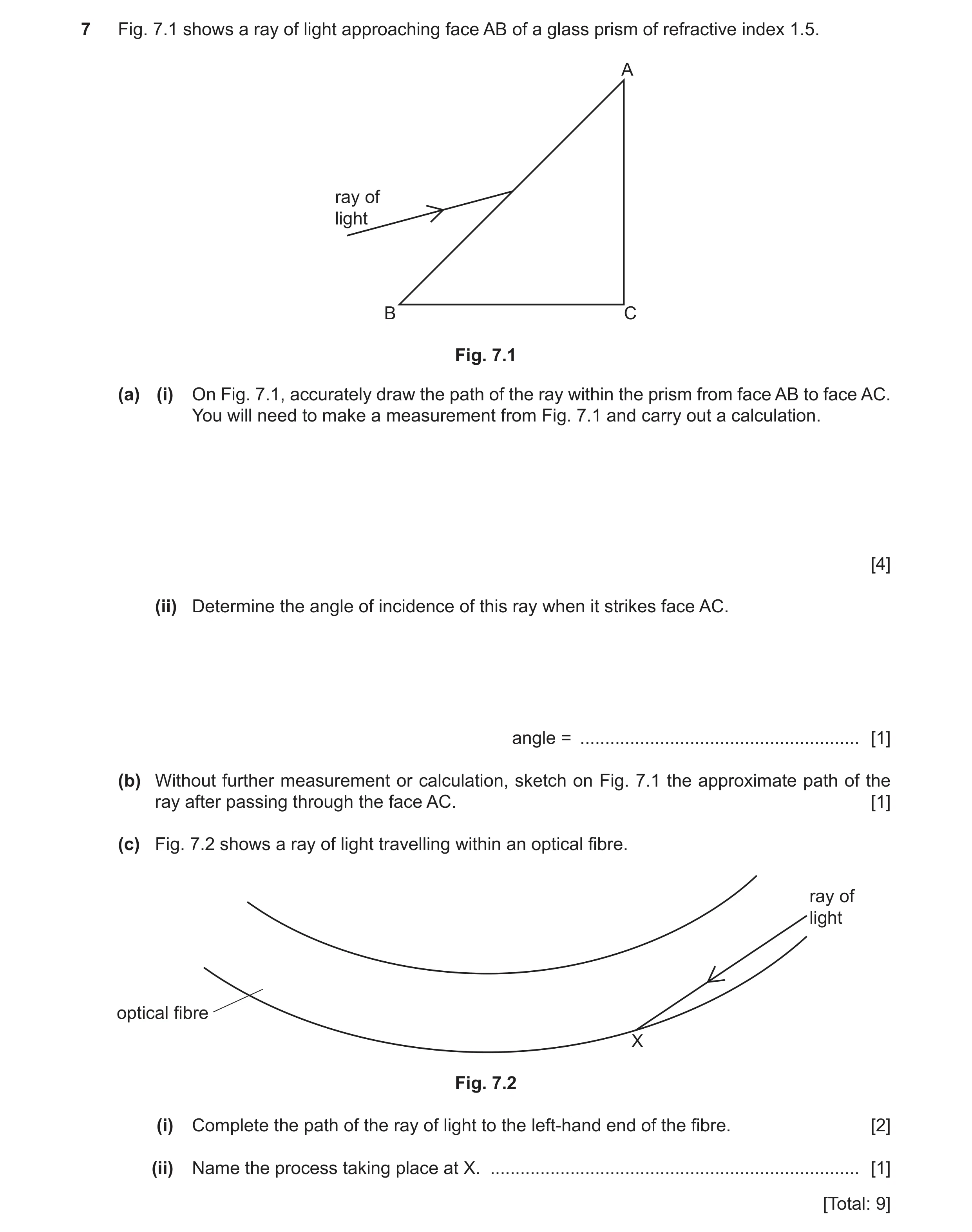 Question 30: Fig. 7.1 shows a ray of light approaching face AB of a glass prism of refractive index 1.5. A ray of light B C Fig. 7.1 (a) (i) On Fig. 7.1…