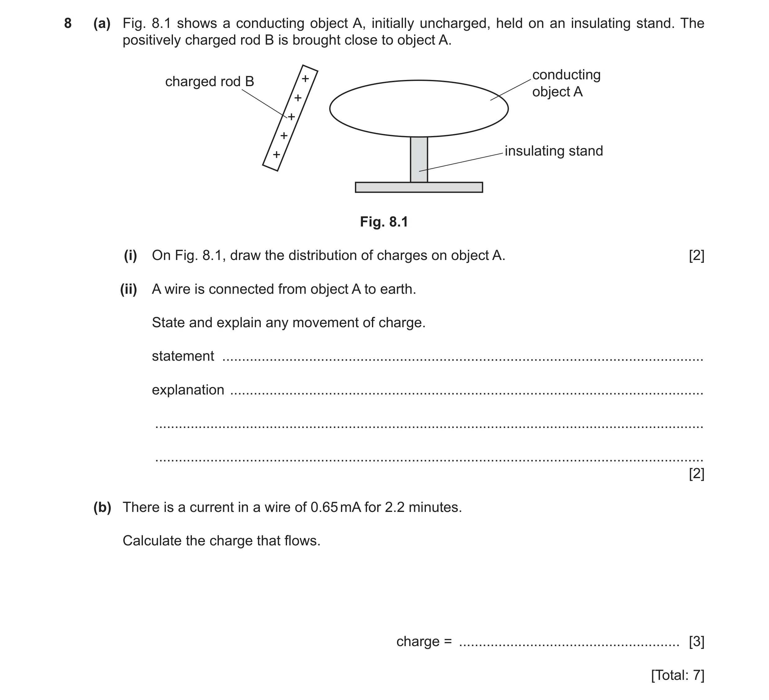 Question 28: (a) Fig. 8.1 shows a conducting object A, initially uncharged, held on an insulating stand. The positively charged rod B is brought close t…